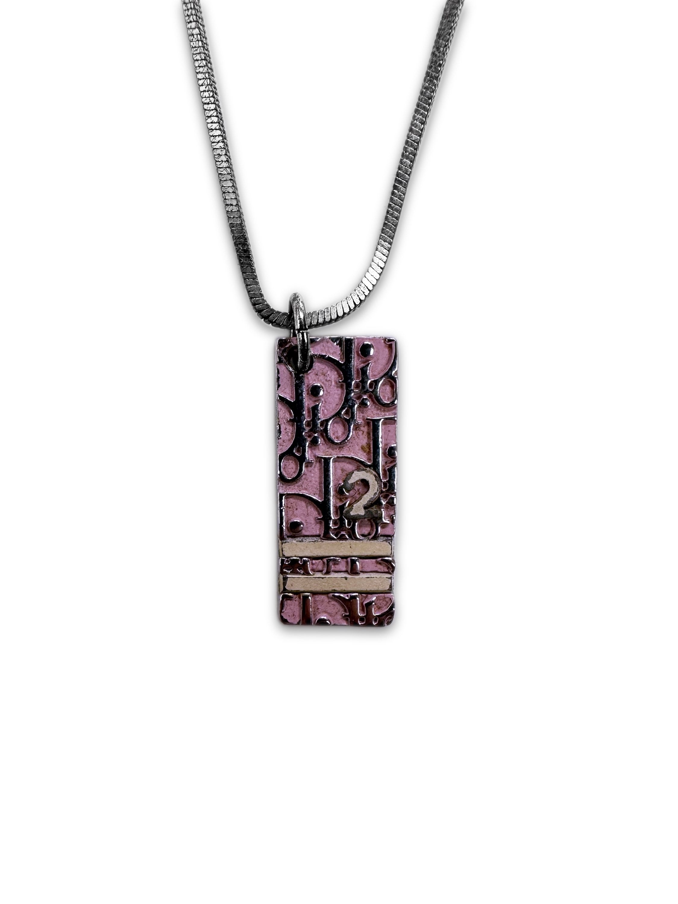 00s Dior ‘2’ Pink Trotter Monogram Silver Necklace