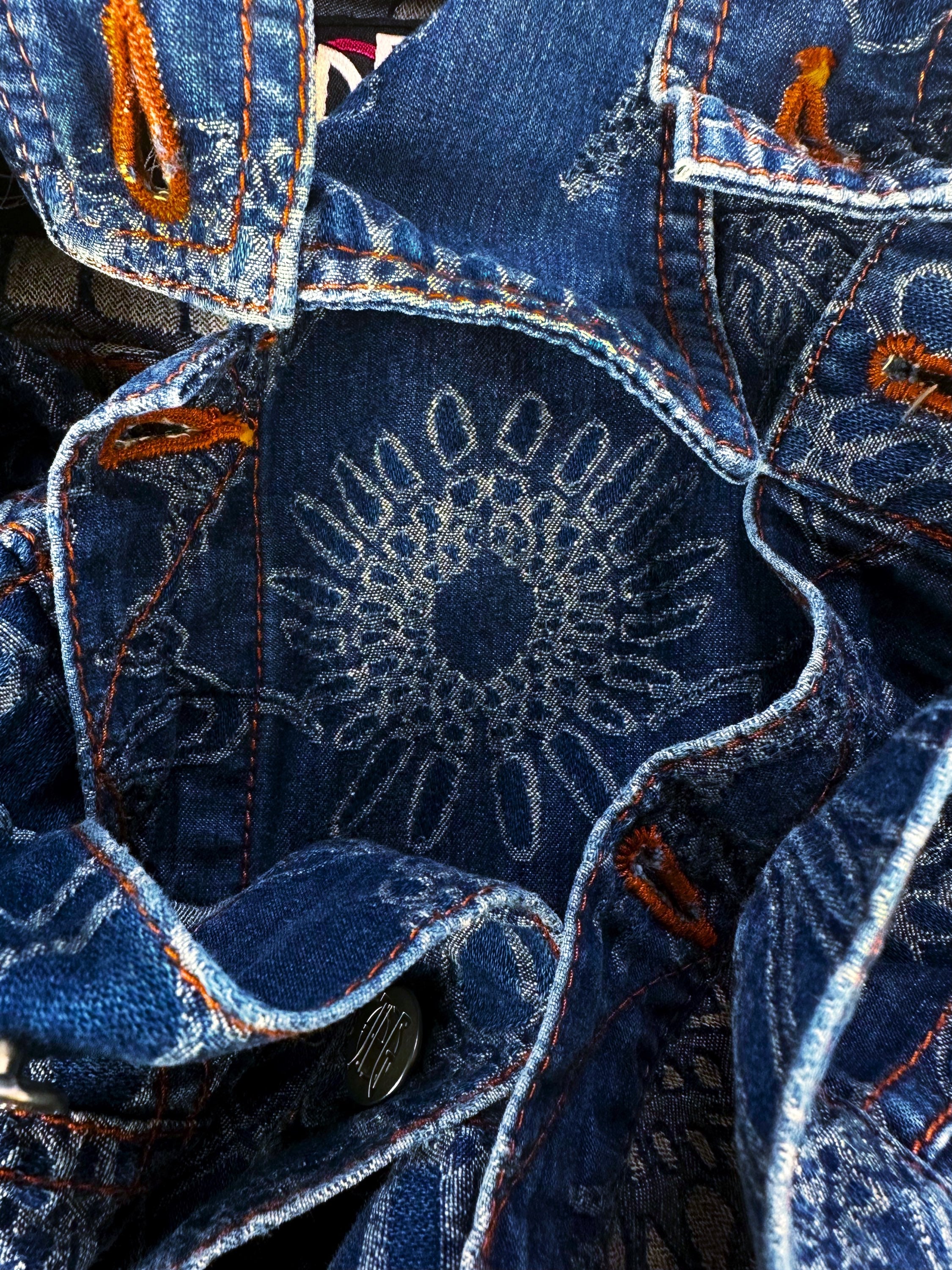 90s Jean Paul Gaultier ‘Sun’ Tribal Motif Pleated Blue Denim Jacket