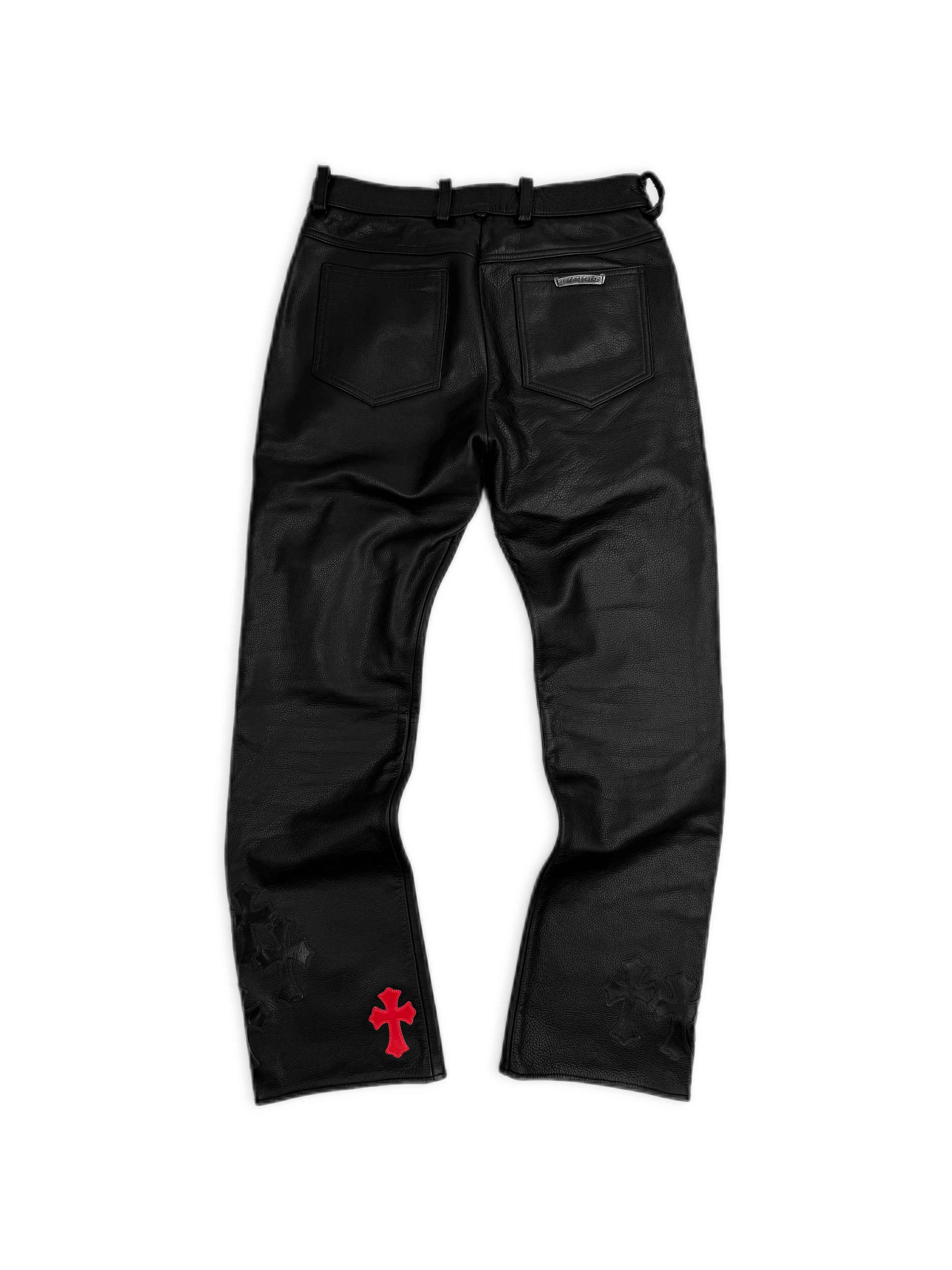 Chrome Hearts 20 Red Cross Patch Black Leather Fleur Knee Pants