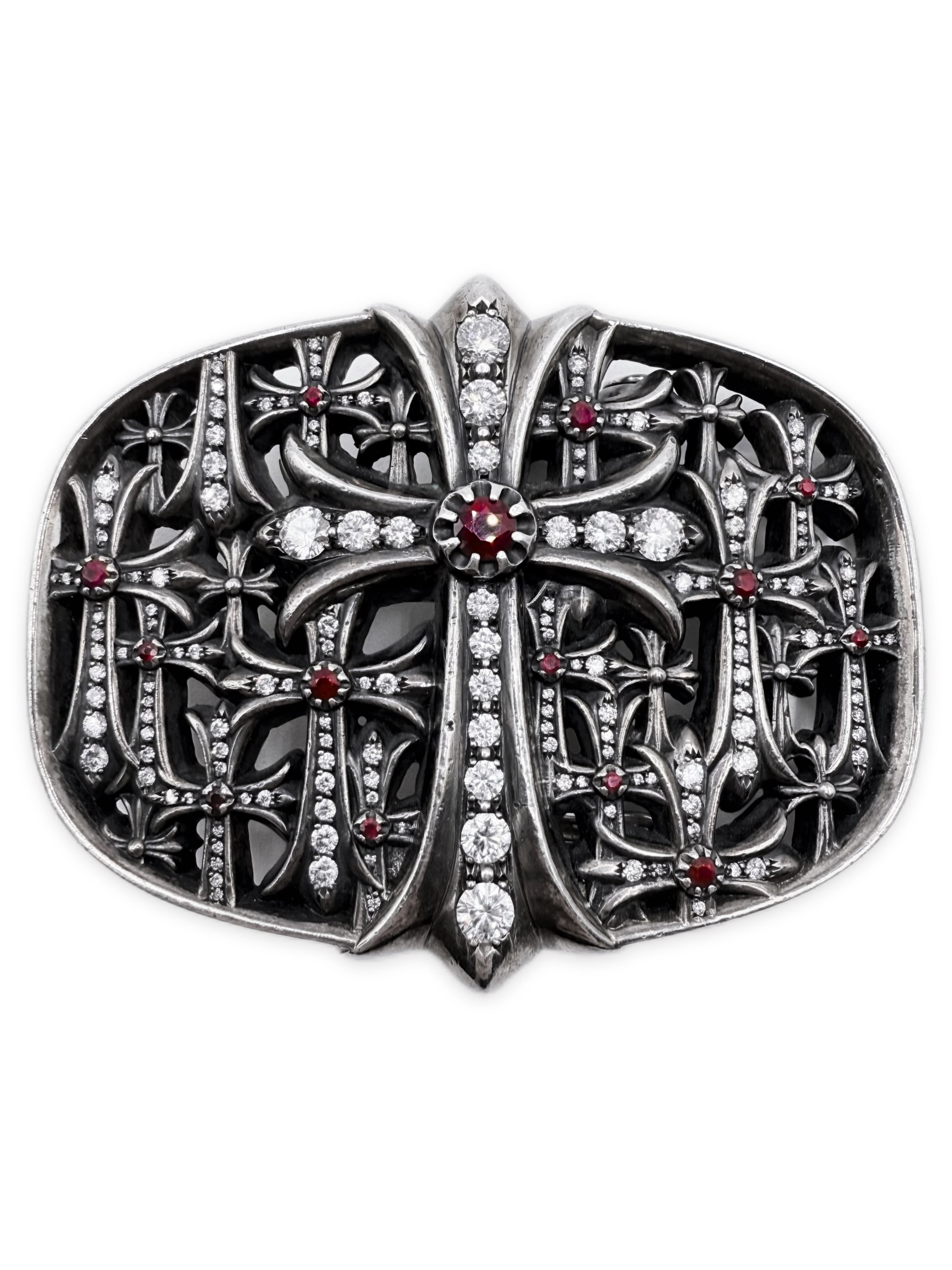Chrome Hearts Iced Out Diamond & Ruby Pavé Cemetery Flooded Belt Buckle