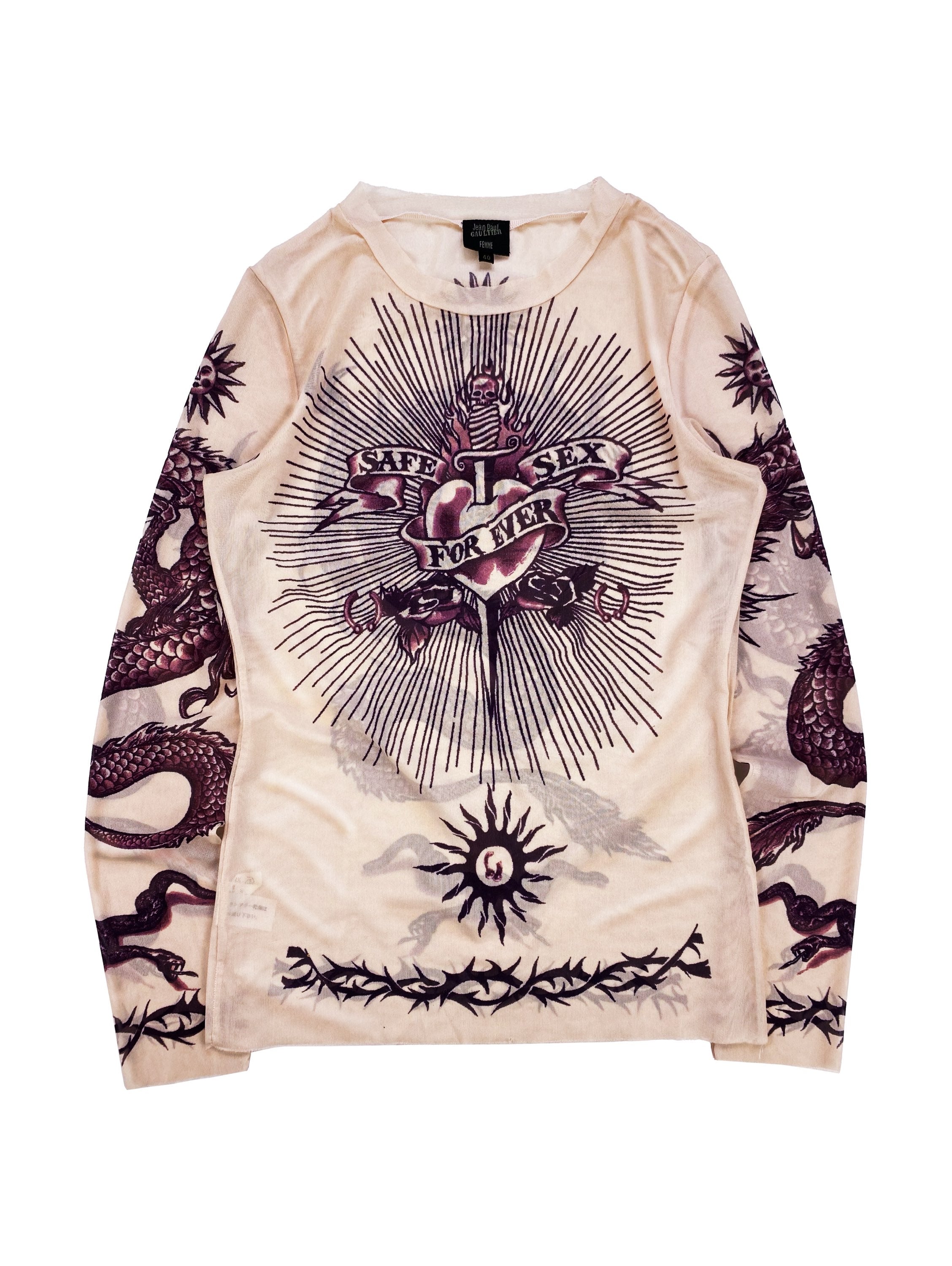 SS96 Jean Paul Gaultier ‘Safe Sex Forever’ Mesh Tattoo Longsleeve