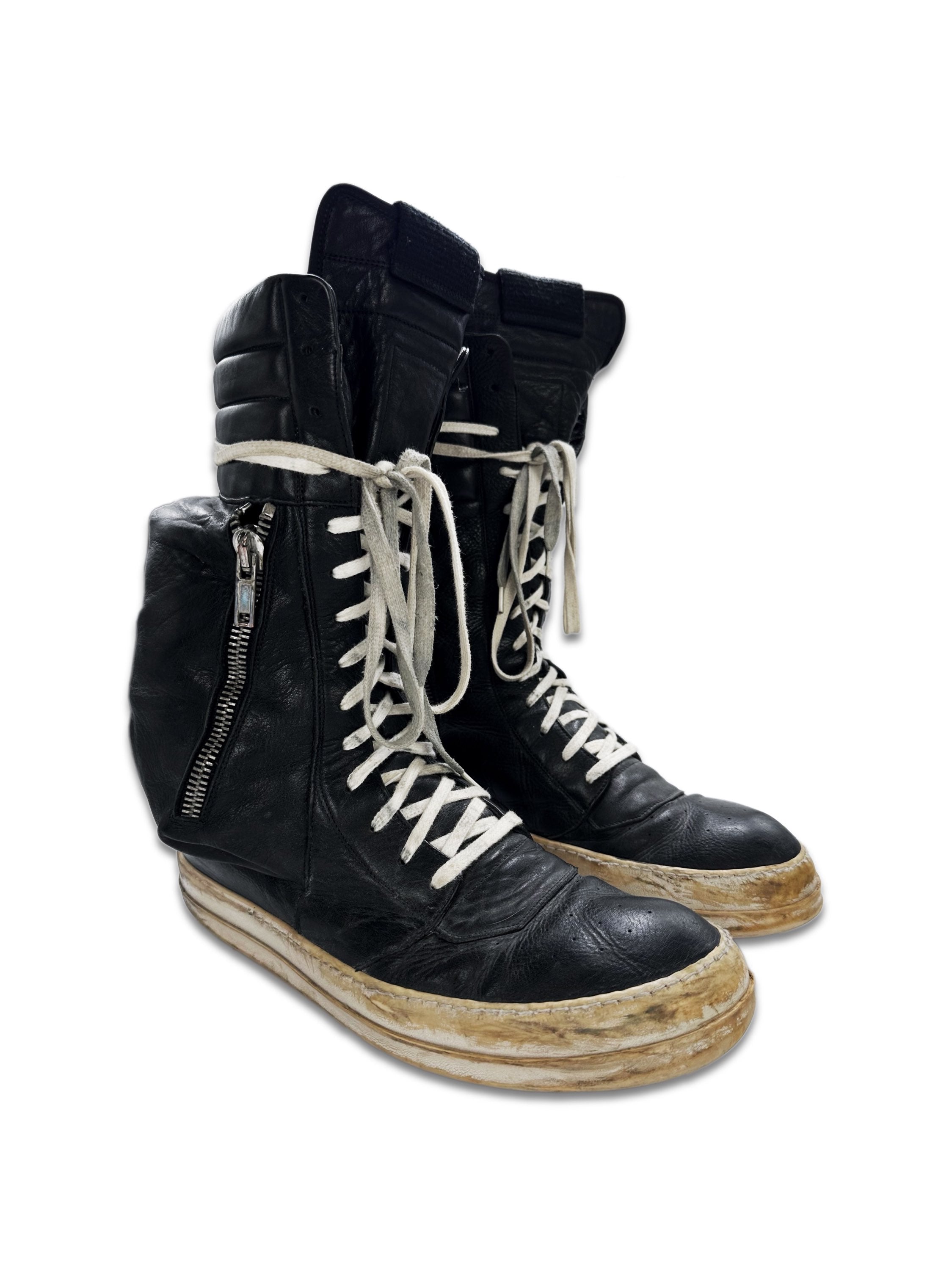 2010s Rick Owens Black Leather ‘Cargobasket’ Hi-top Sneakers