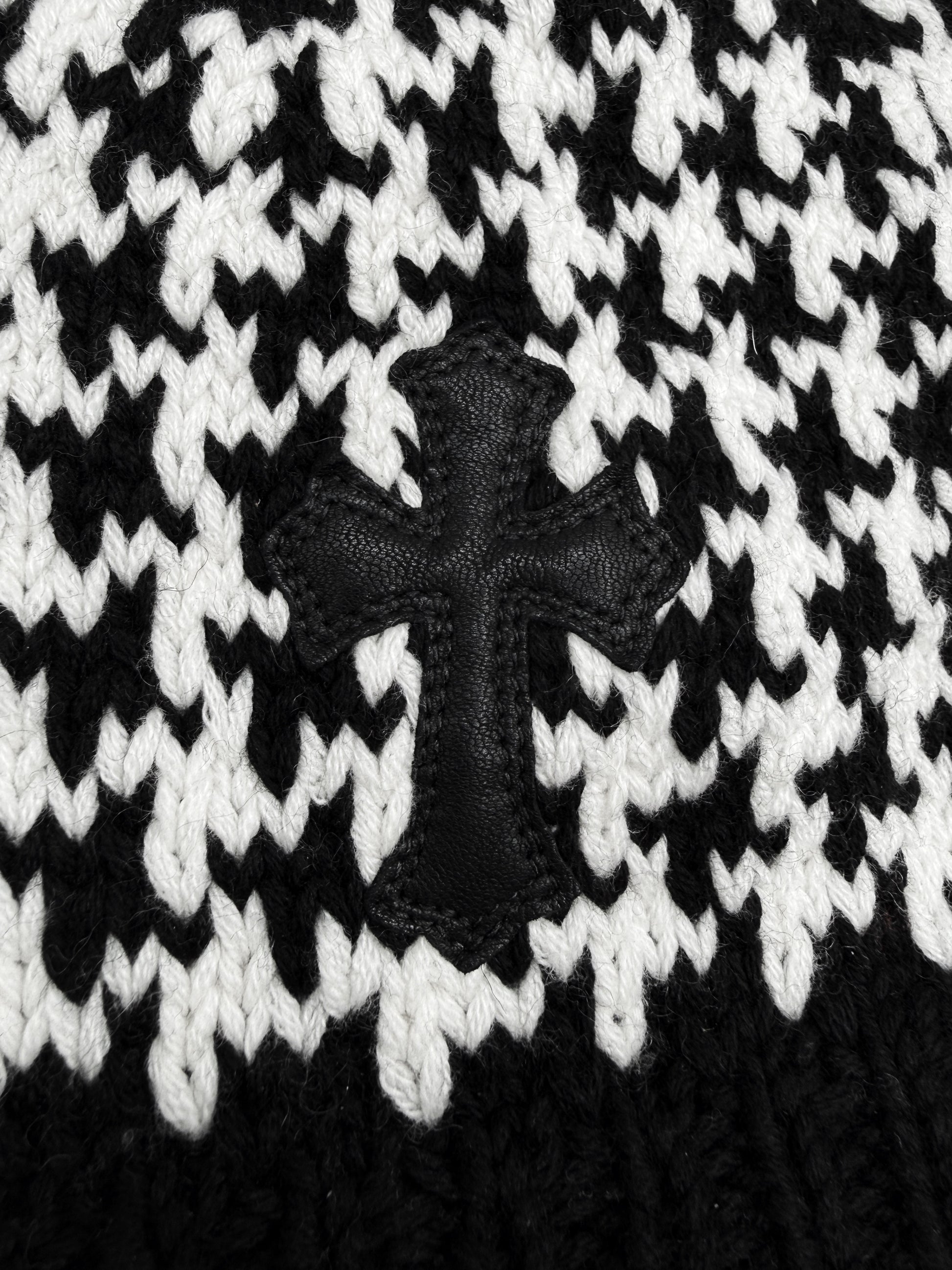 Chrome Hearts Leather Cross Patch Houndstooth Rhodium Star Knit Beanie