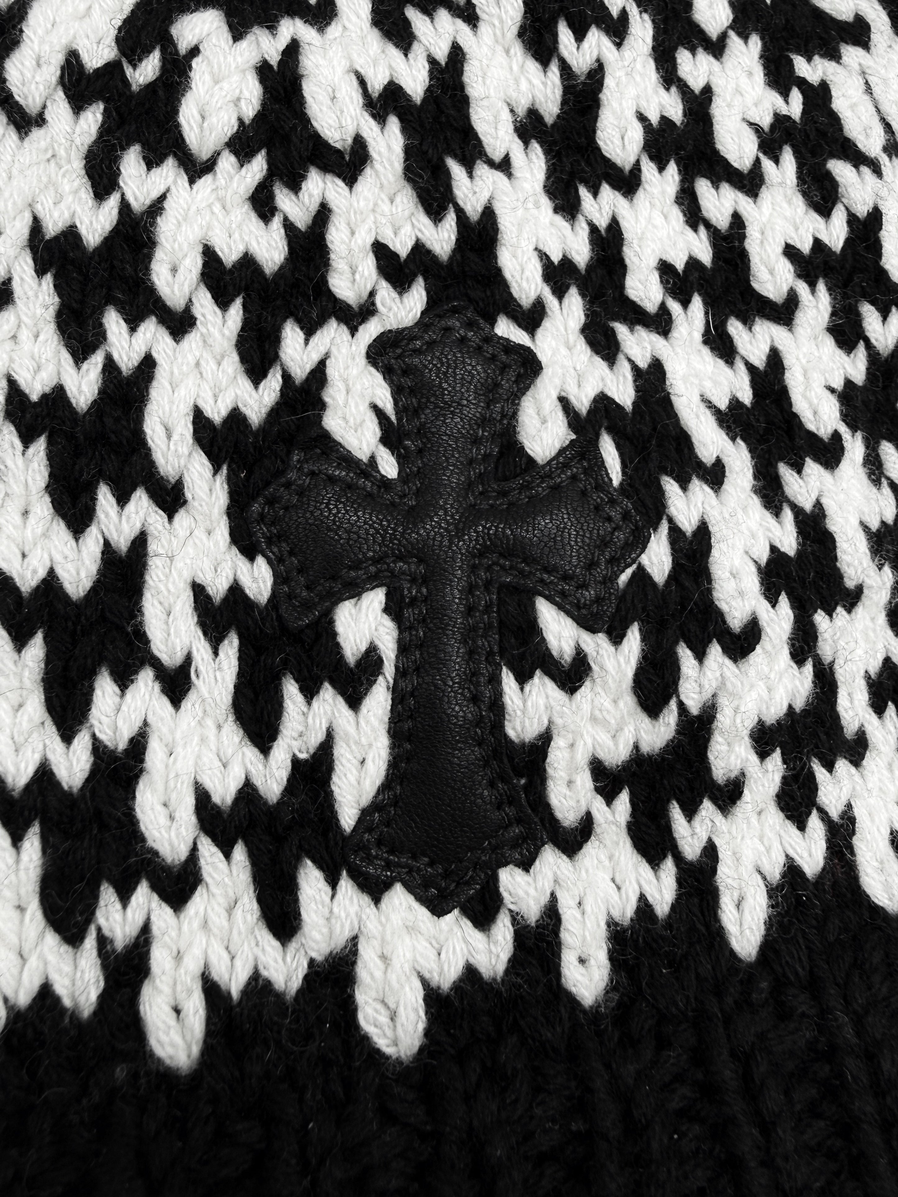 Chrome Hearts Leather Cross Patch Houndstooth Rhodium Star Knit Beanie