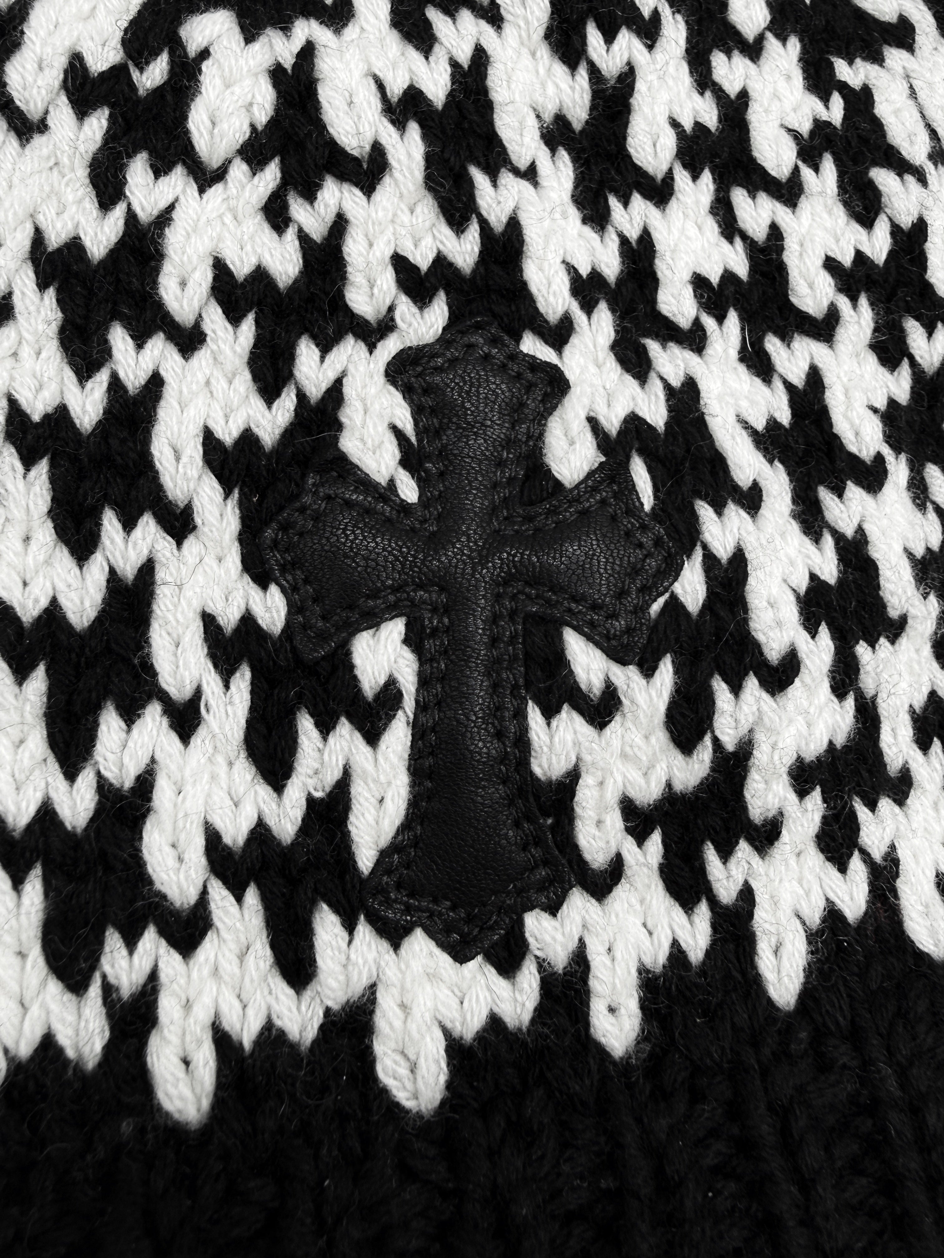 Chrome Hearts Leather Cross Patch Houndstooth Rhodium Star Knit Beanie
