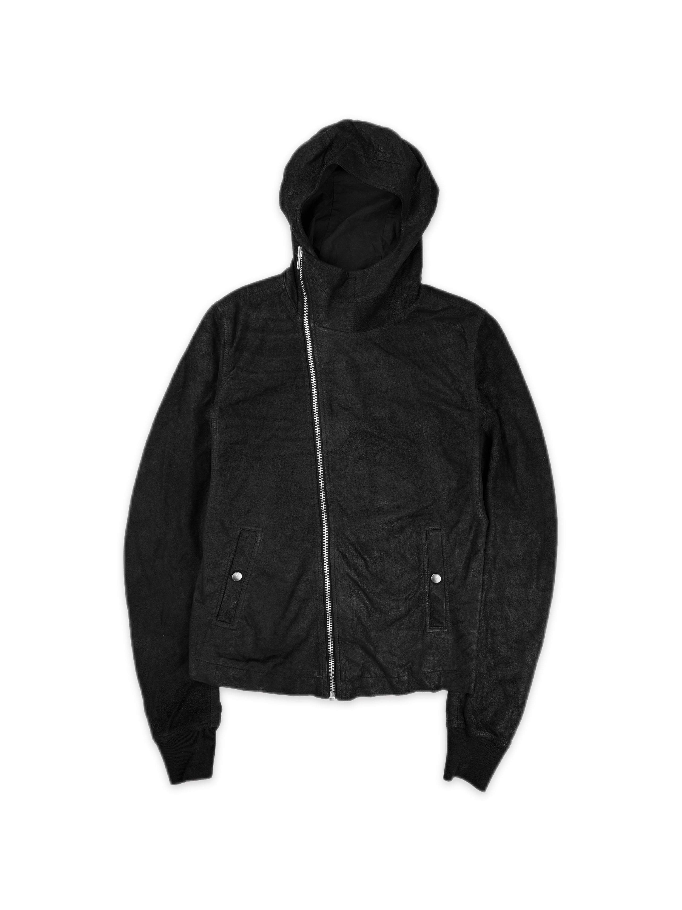 AW14 Rick Owens ‘Scuba’ Hood O&M Blistered Leather Asymmetric Zip Jacket