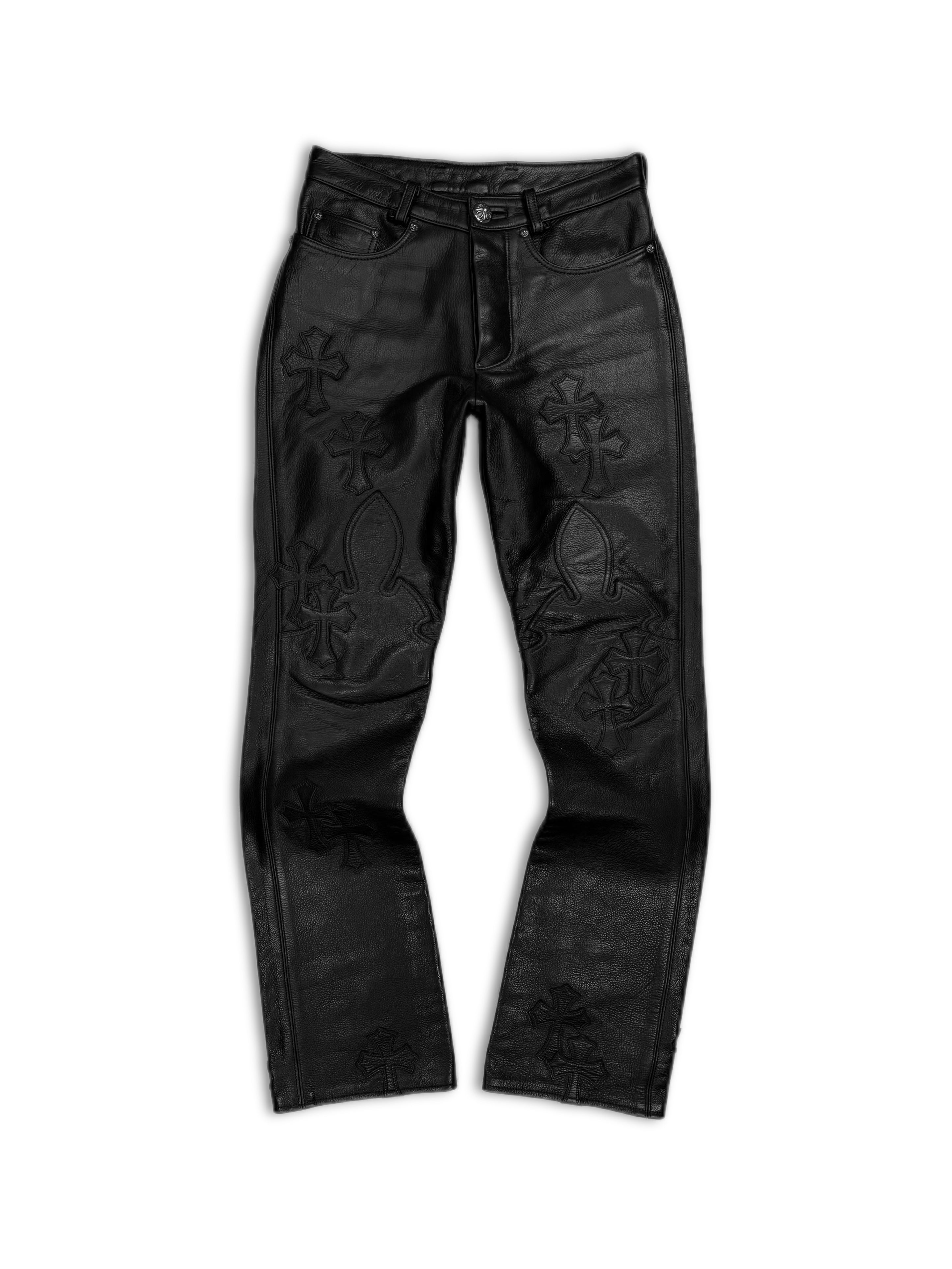 Chrome Hearts 34 Cross Patch Black Leather Fleur Knee Pants