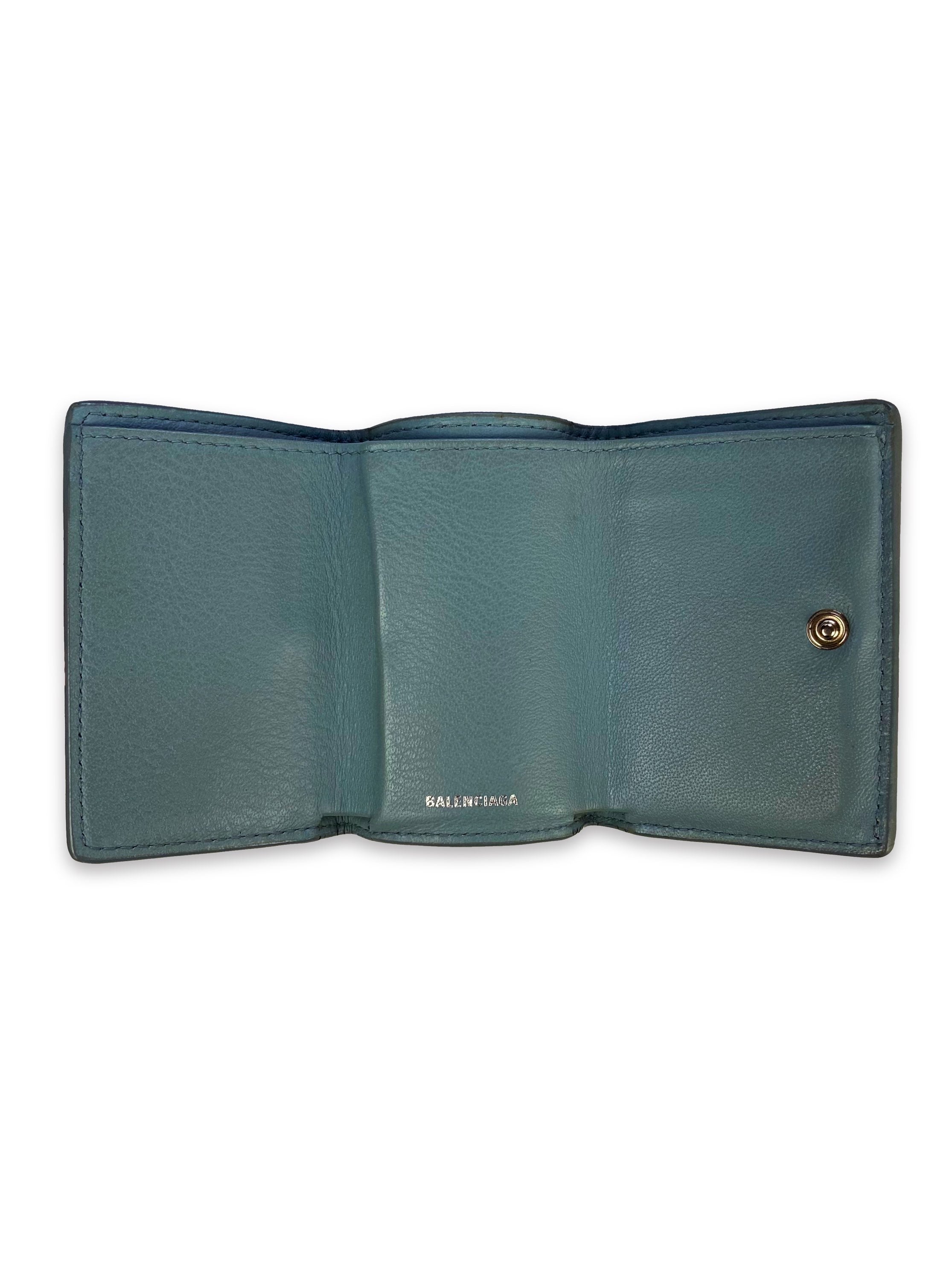 Balenciaga Tuqoise Trifold Leather Spellout Logo Wallet