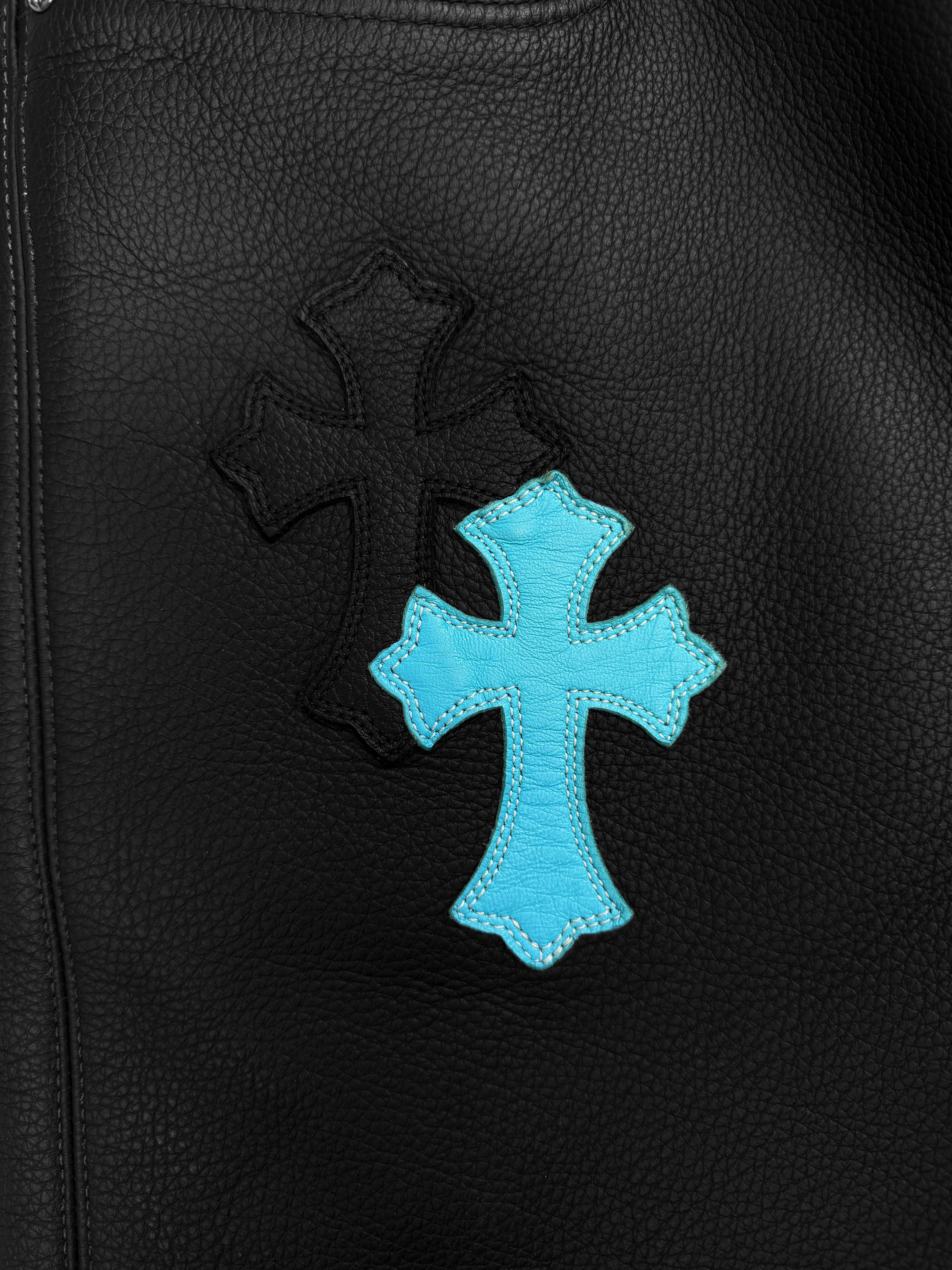 Chrome Hearts Baby Blue Cross Patch Leather Pants