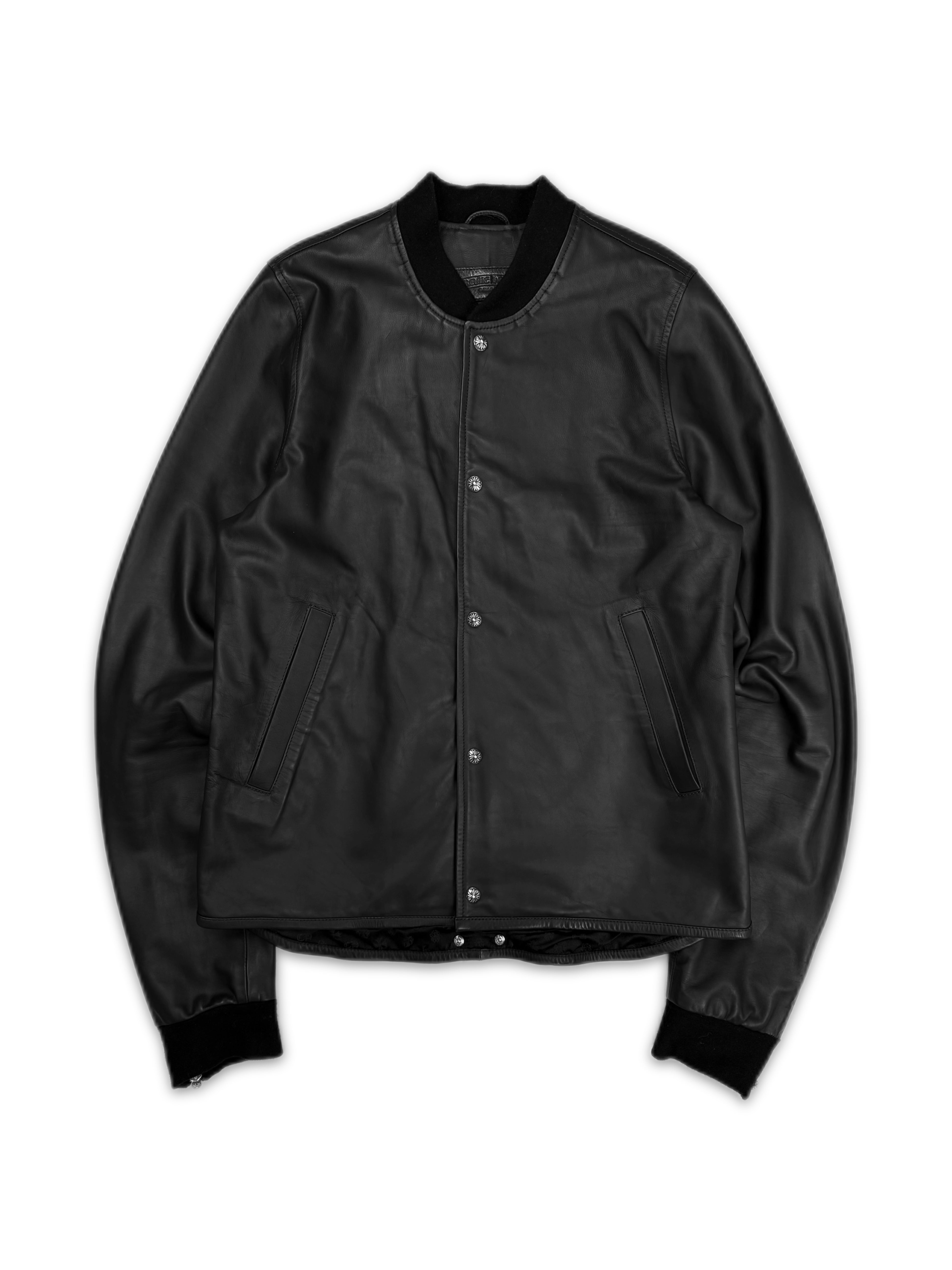 Chrome Hearts JVP Black Leather Cross Ball Cashmere Bomber Jacket