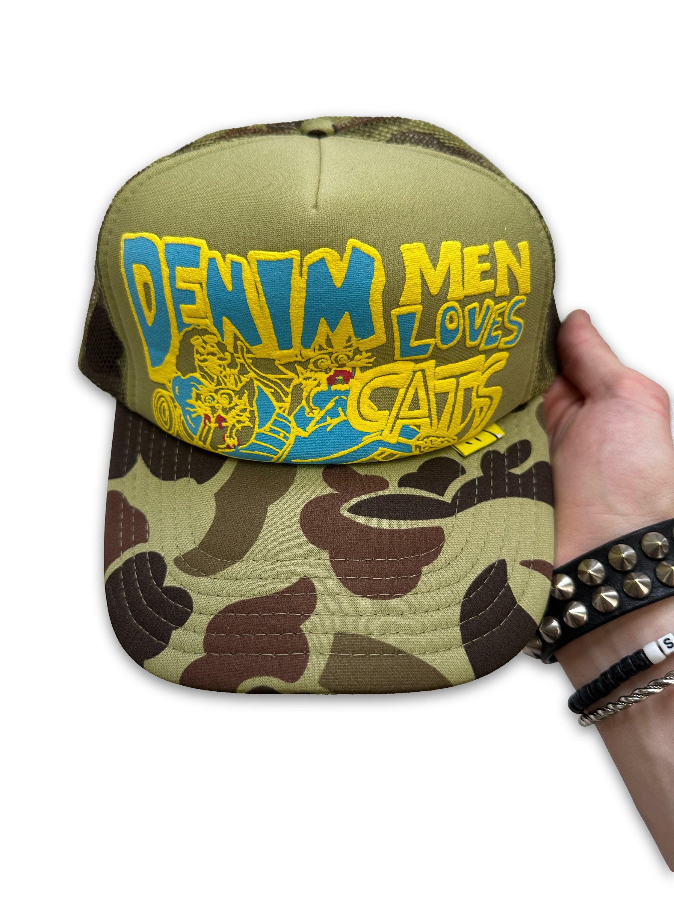 AW24 Kapital Green Camo ‘Denim Men Love Cats’ Mesh Trucker Hat