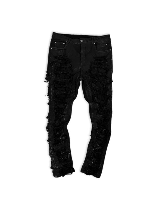 Rick Owens DRKSHDW ‘Detroit Cut’ Waxed Black Slashed Distressed Denim