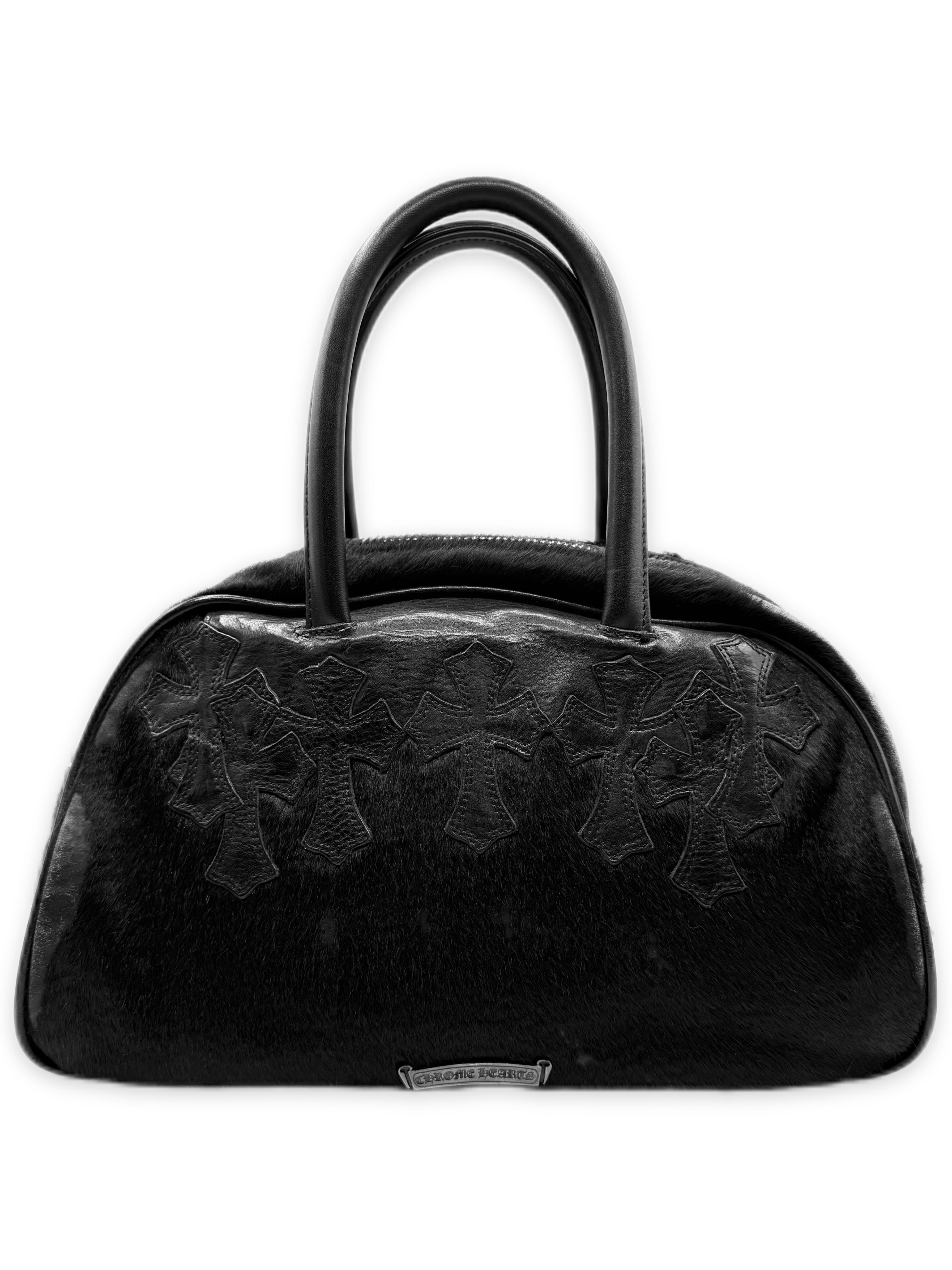 Chrome Hearts Cemetery Cross Patch Black Pony Hair Leather Gym Bag
