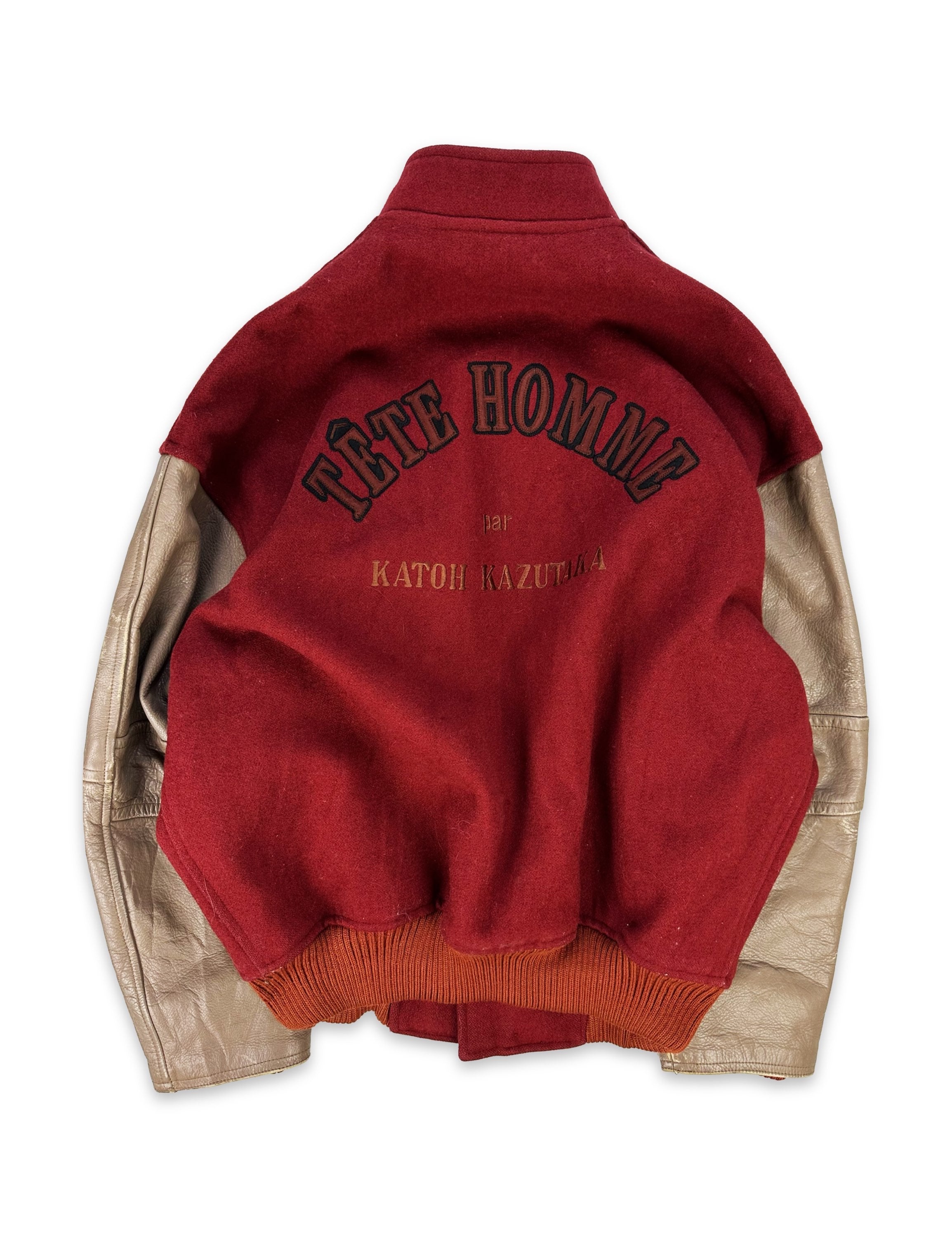 00s Tete Homme Cherry Red Patched Leather Varsity Jacket