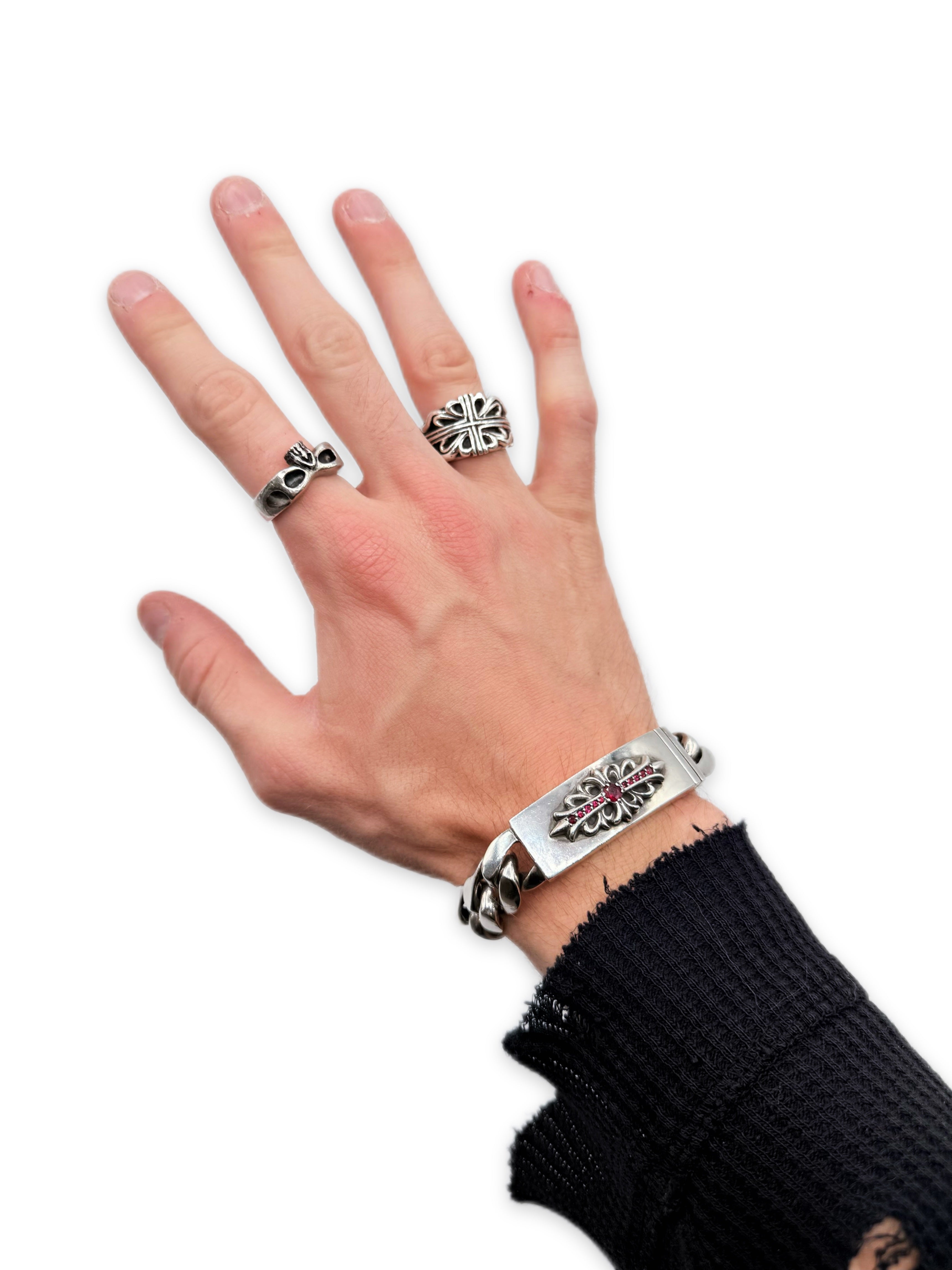 Chrome Hearts Ruby Pavé Factory Set Floral .925 Silver ID Bracelet
