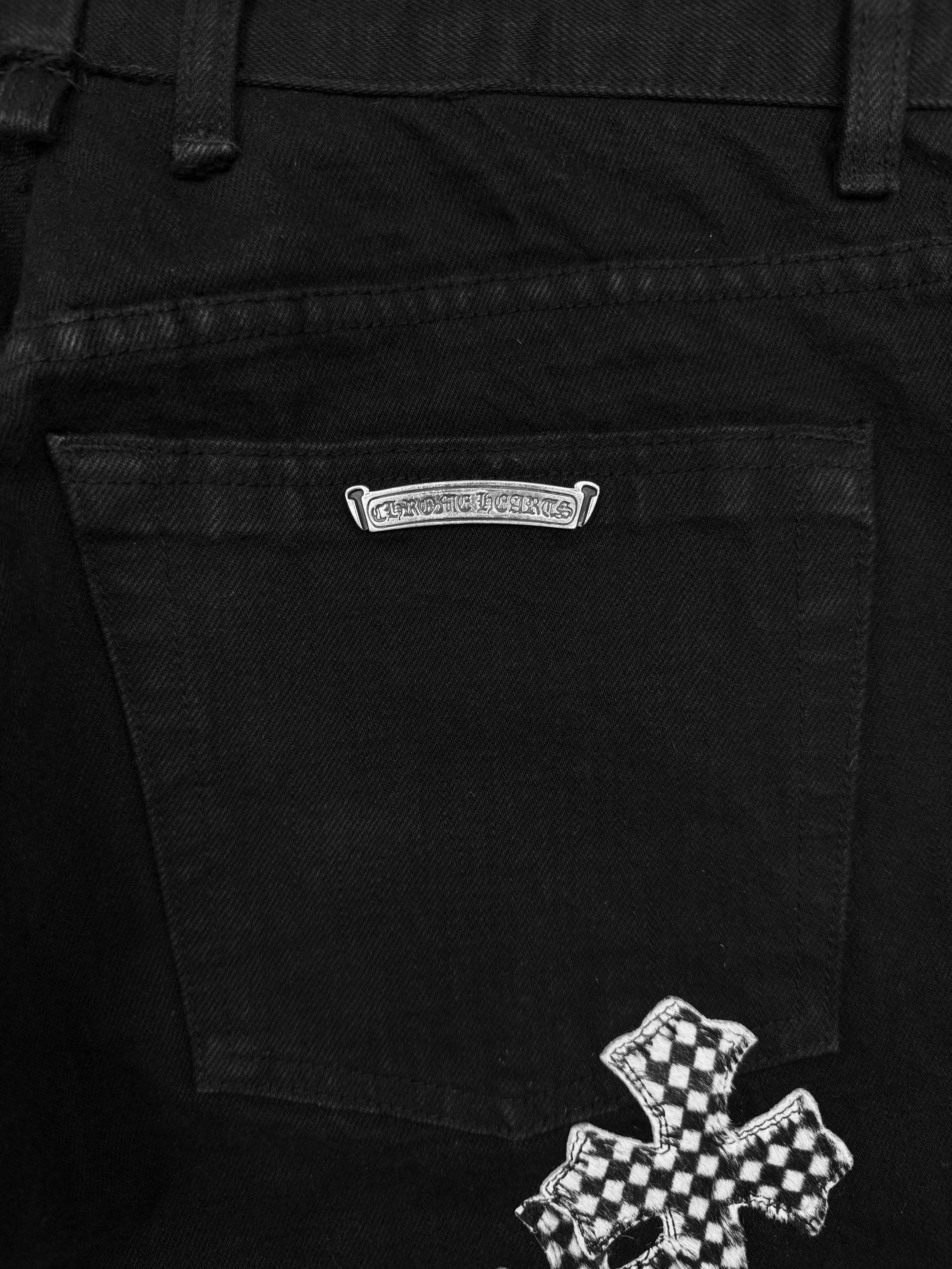 Chrome Hearts Checkered Pink Cross Patch Fleur Knee Denim