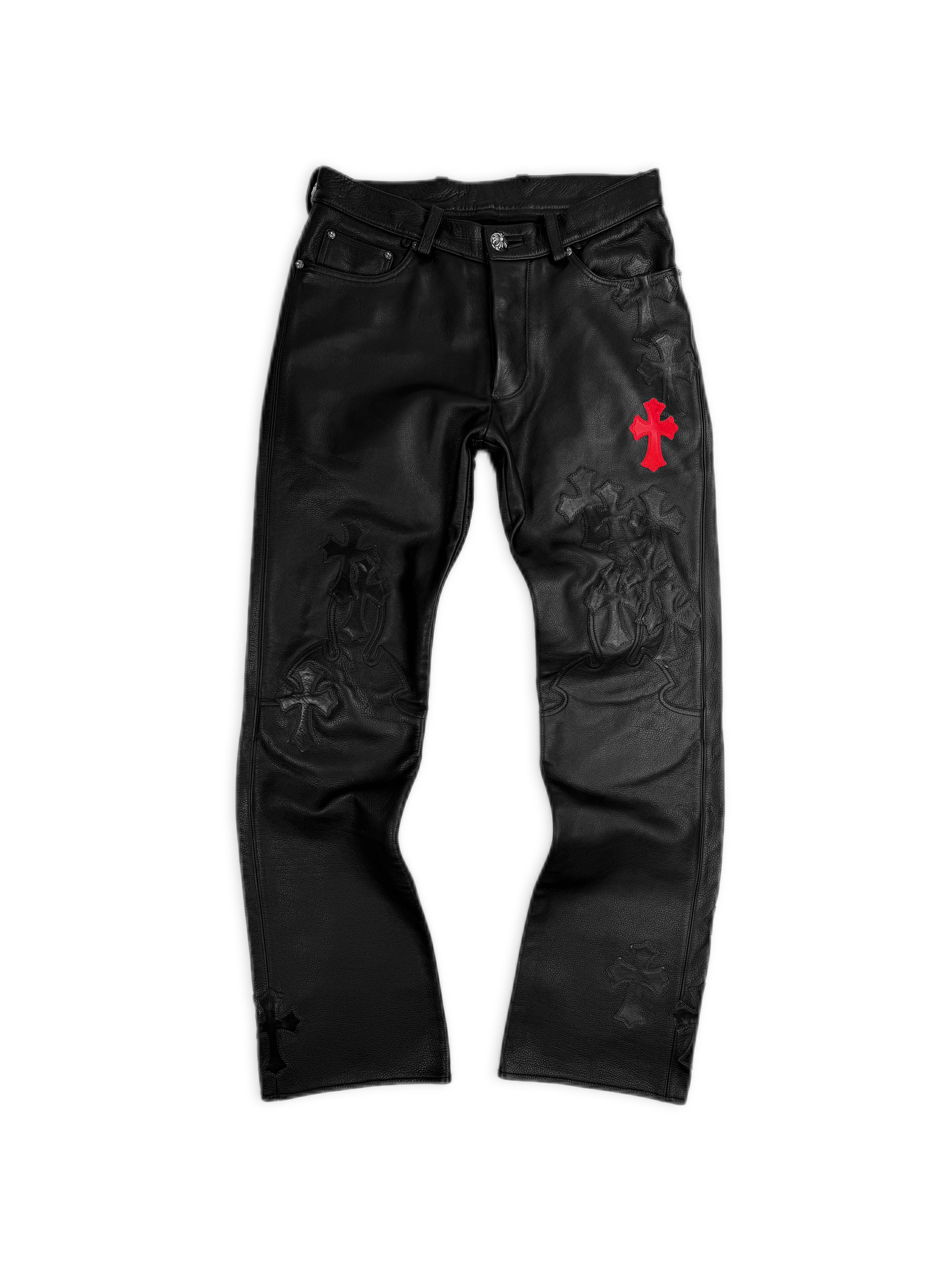 Chrome Hearts 20 Red Cross Patch Black Leather Fleur Knee Pants