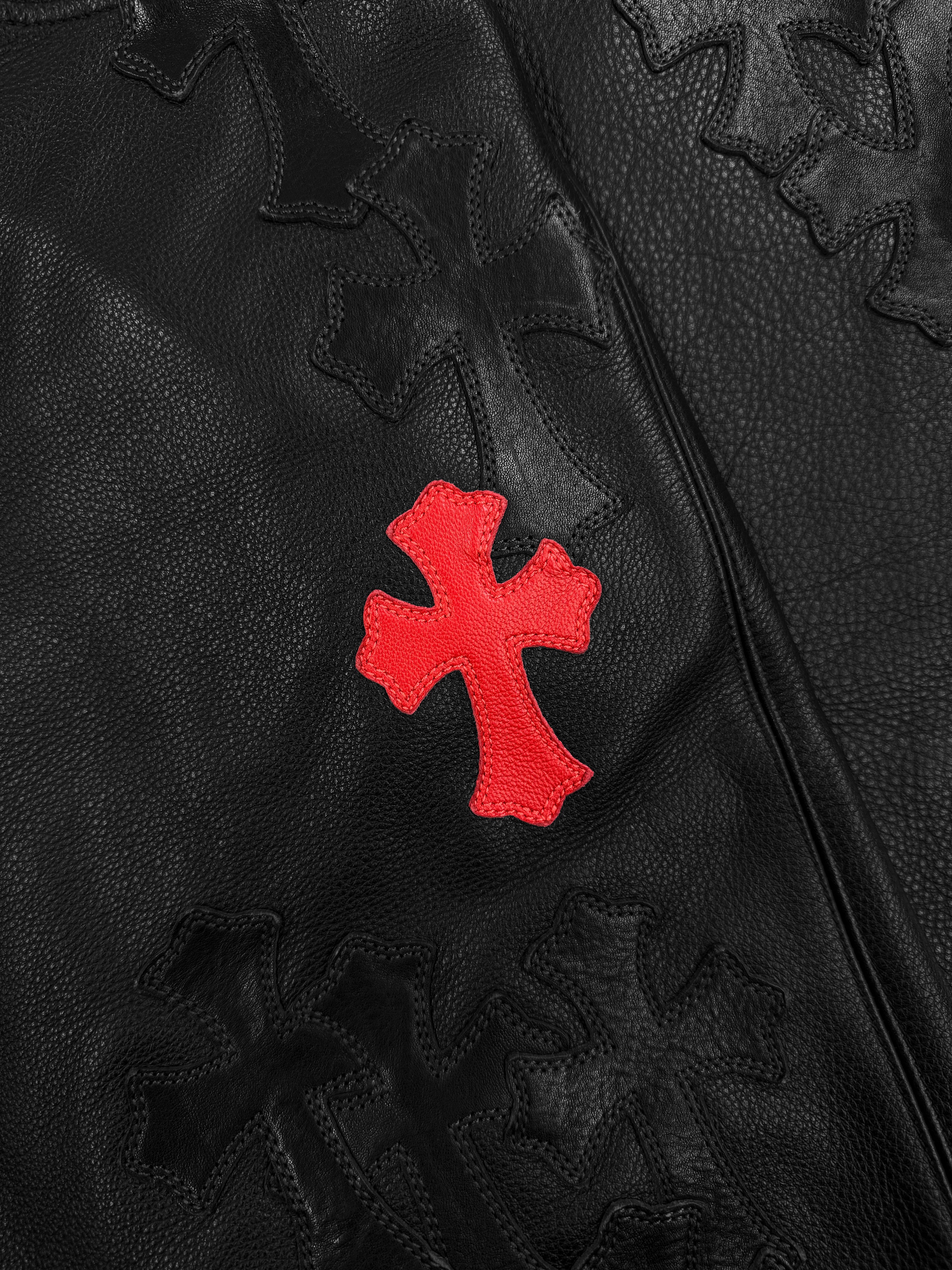 Chrome Hearts 20 Red Cross Patch Black Leather Fleur Knee Pants