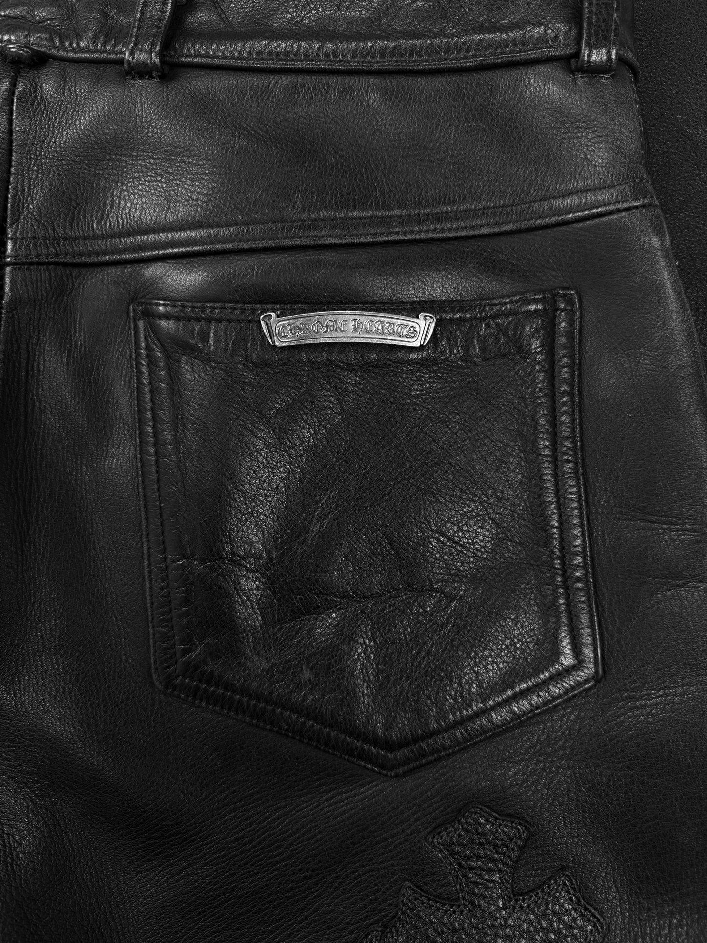 Chrome Hearts Red 20 Cross Patch Fleur Knee Black Leather Pants