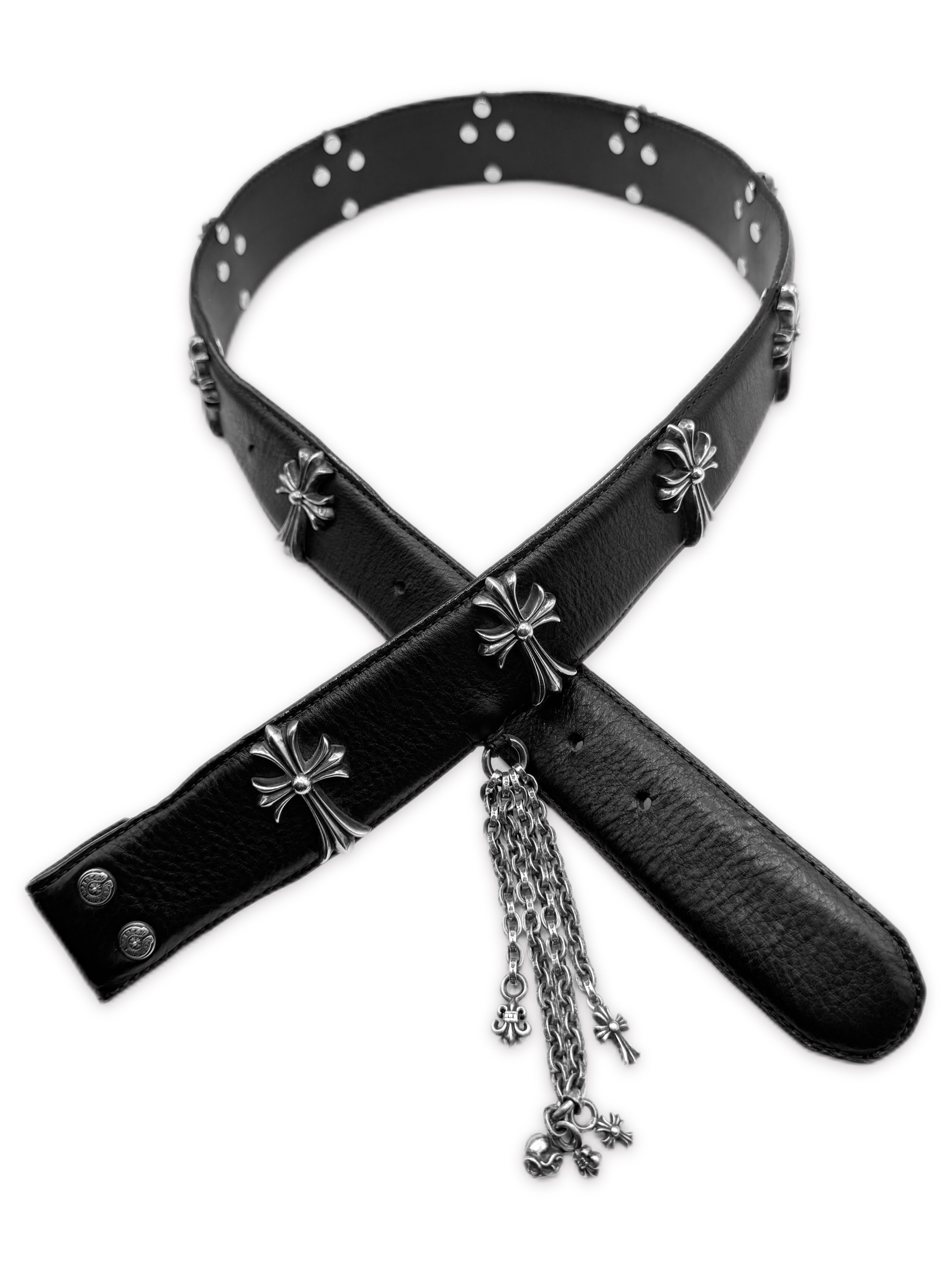 Chrome Hearts Cemetery Cross Strap Paperchain Charm Leather Belt Strap