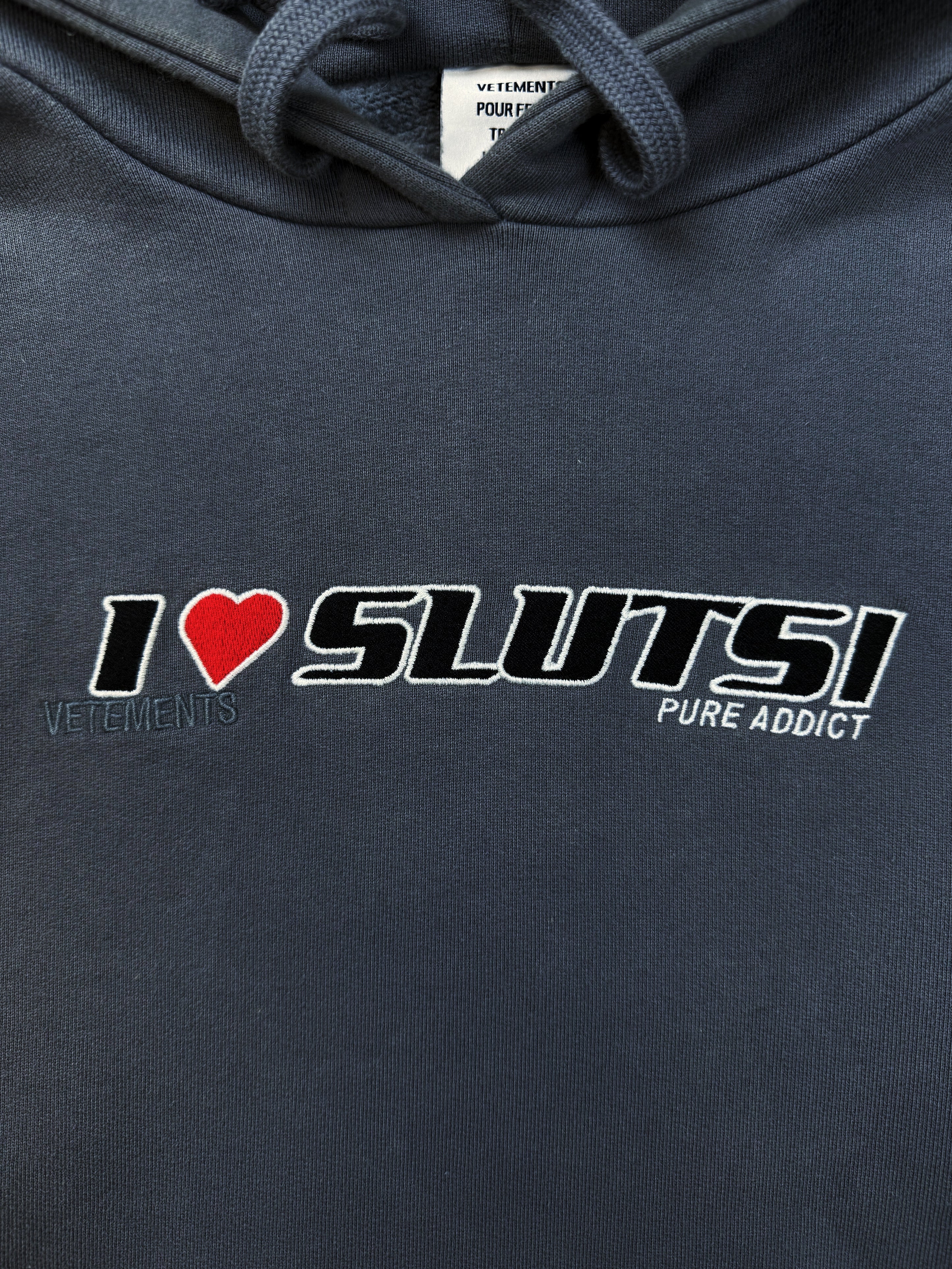 AW19 Vetements ‘I Love Sluts’ Hug Me Embroidered Hoodie
