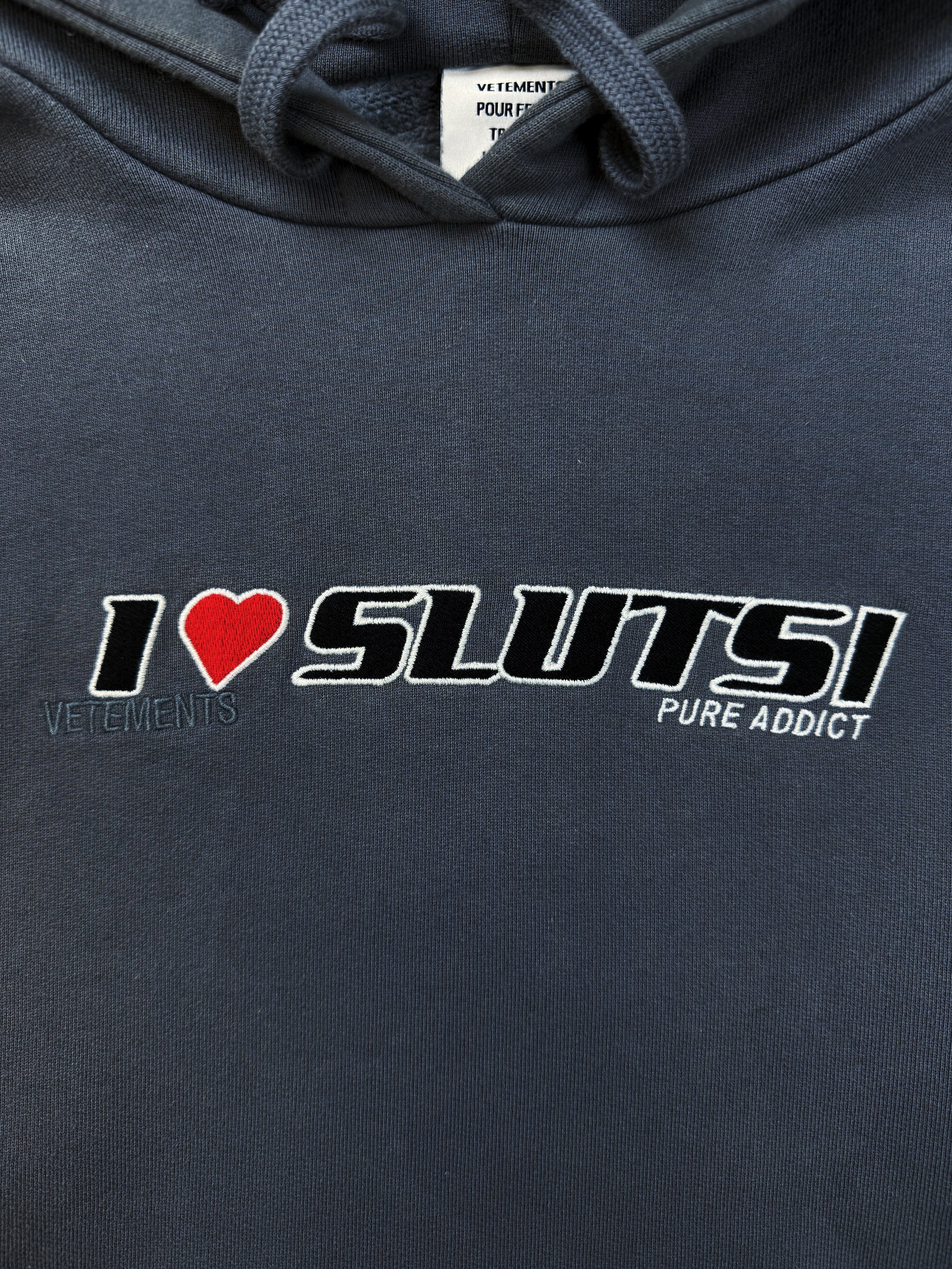AW19 Vetements ‘I Love Sluts’ Hug Me Embroidered Hoodie