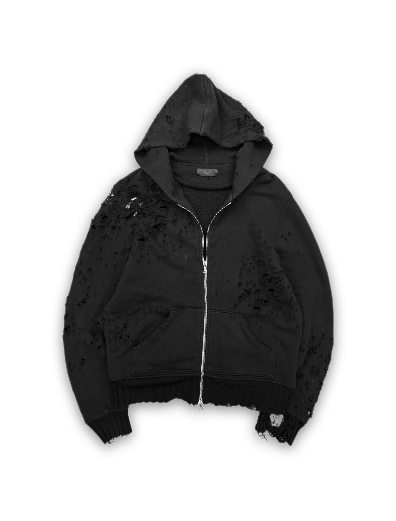 Amiri ‘Gunshot’ Distressed Zip-Up Black Hoodie