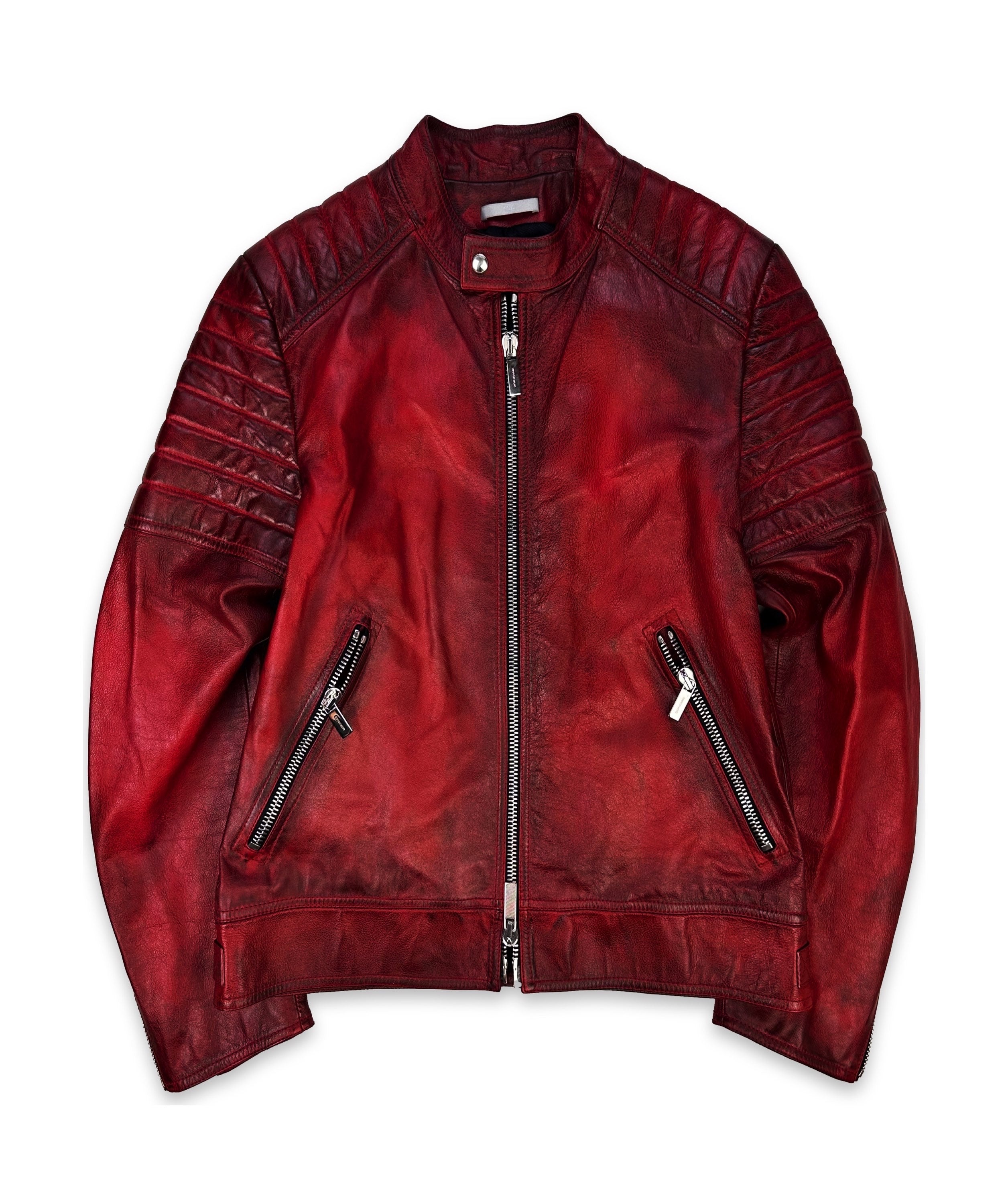 Dior Homme ‘Ribbed’ Blood Red Patina Leather Biker Jacket