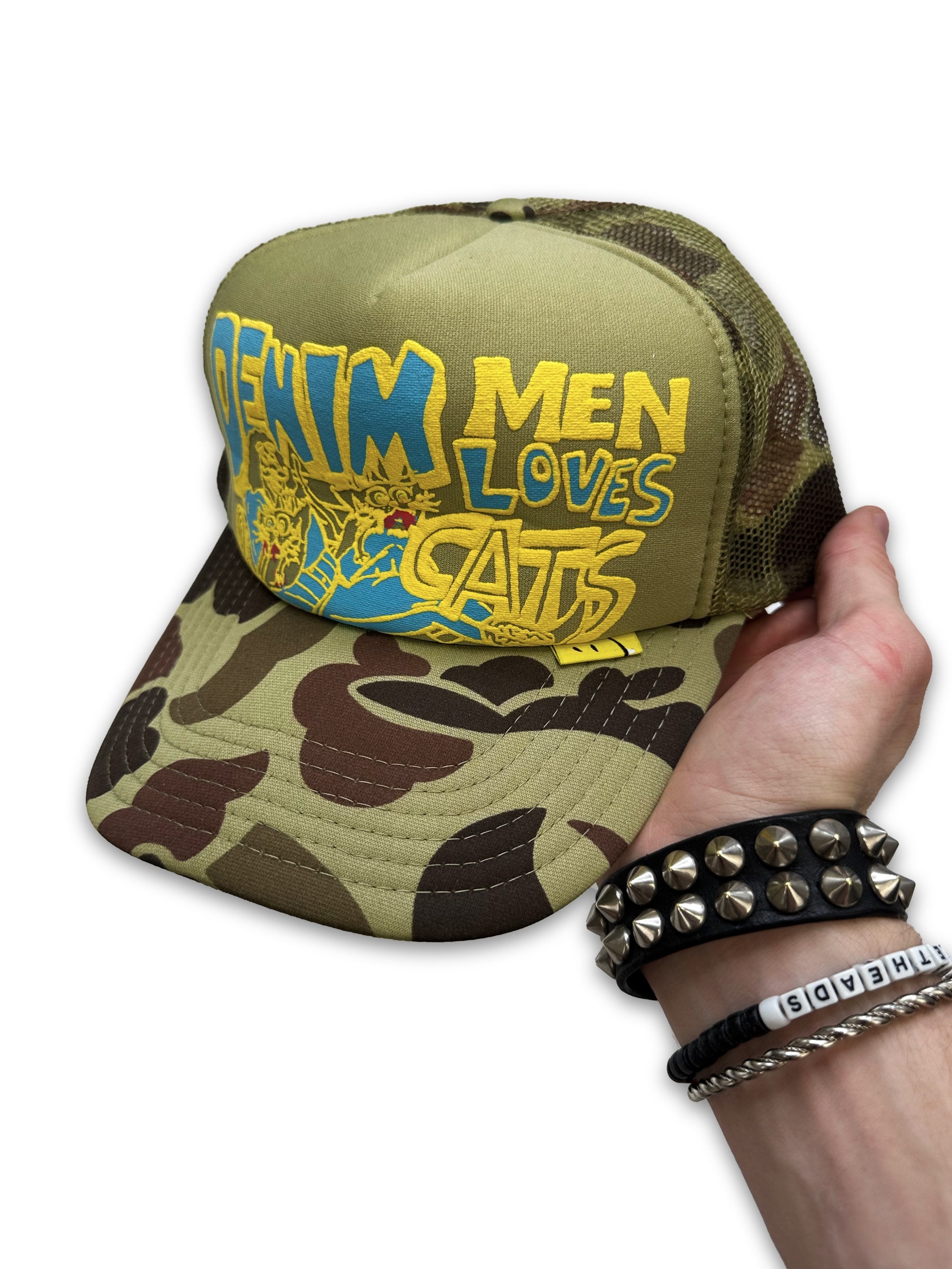 AW24 Kapital Green Camo ‘Denim Men Love Cats’ Mesh Trucker Hat