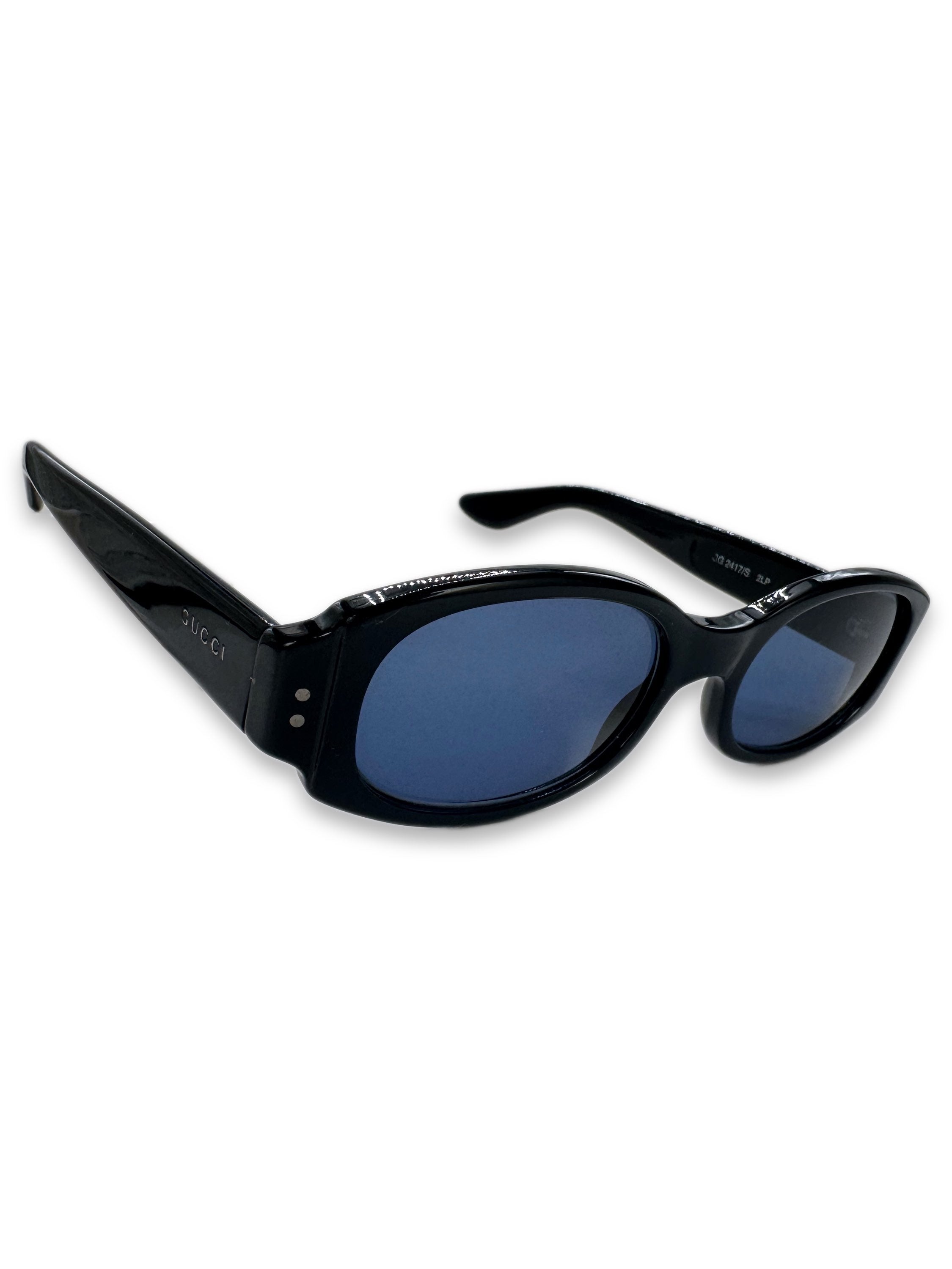 00s Gucci ‘Oval’ Frame Blue Tint Black Glossy Sunglasses