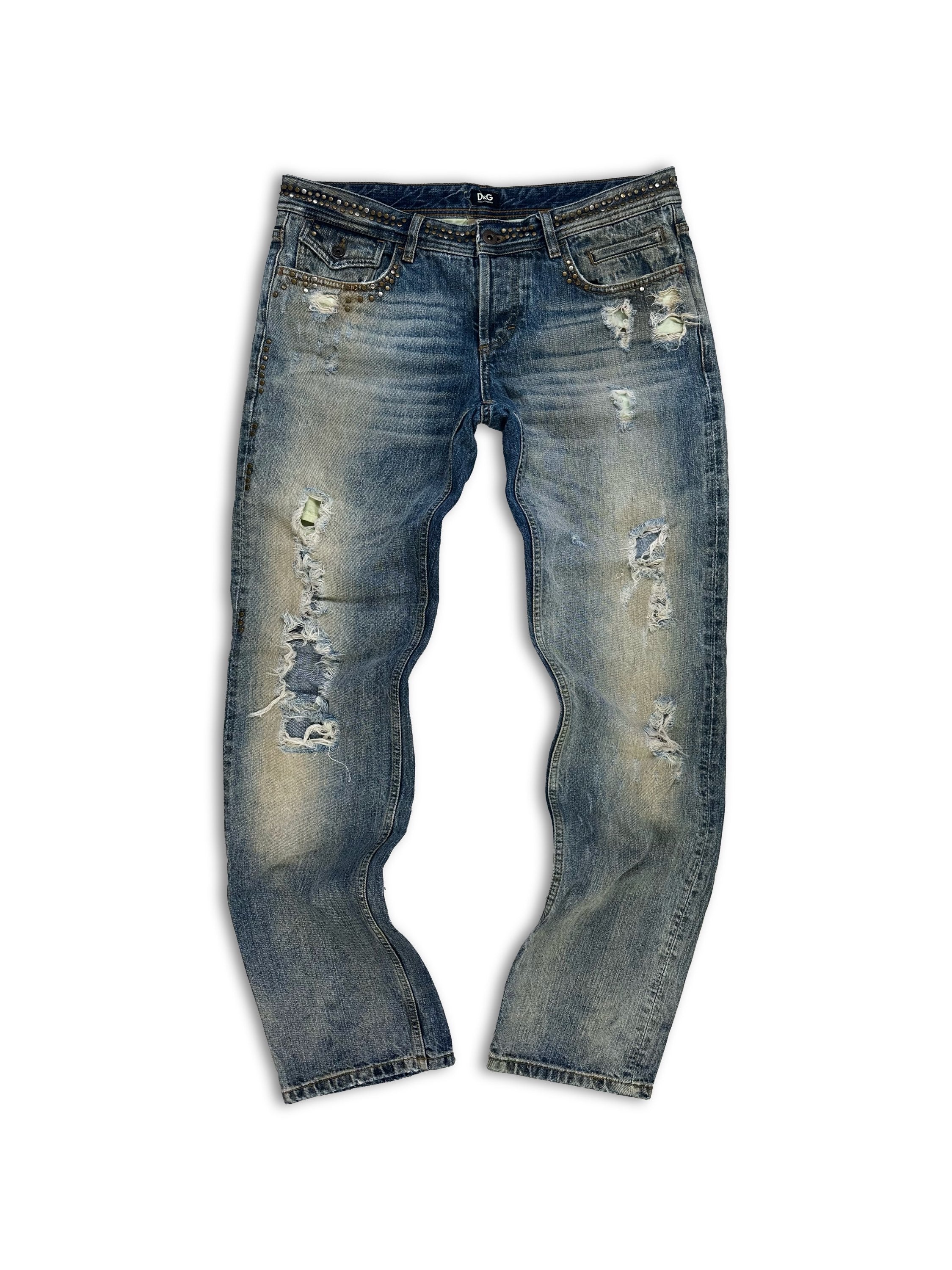 00s Dolce &amp; Gabbana Studded Wide Boot Cut Blue Wash Denim