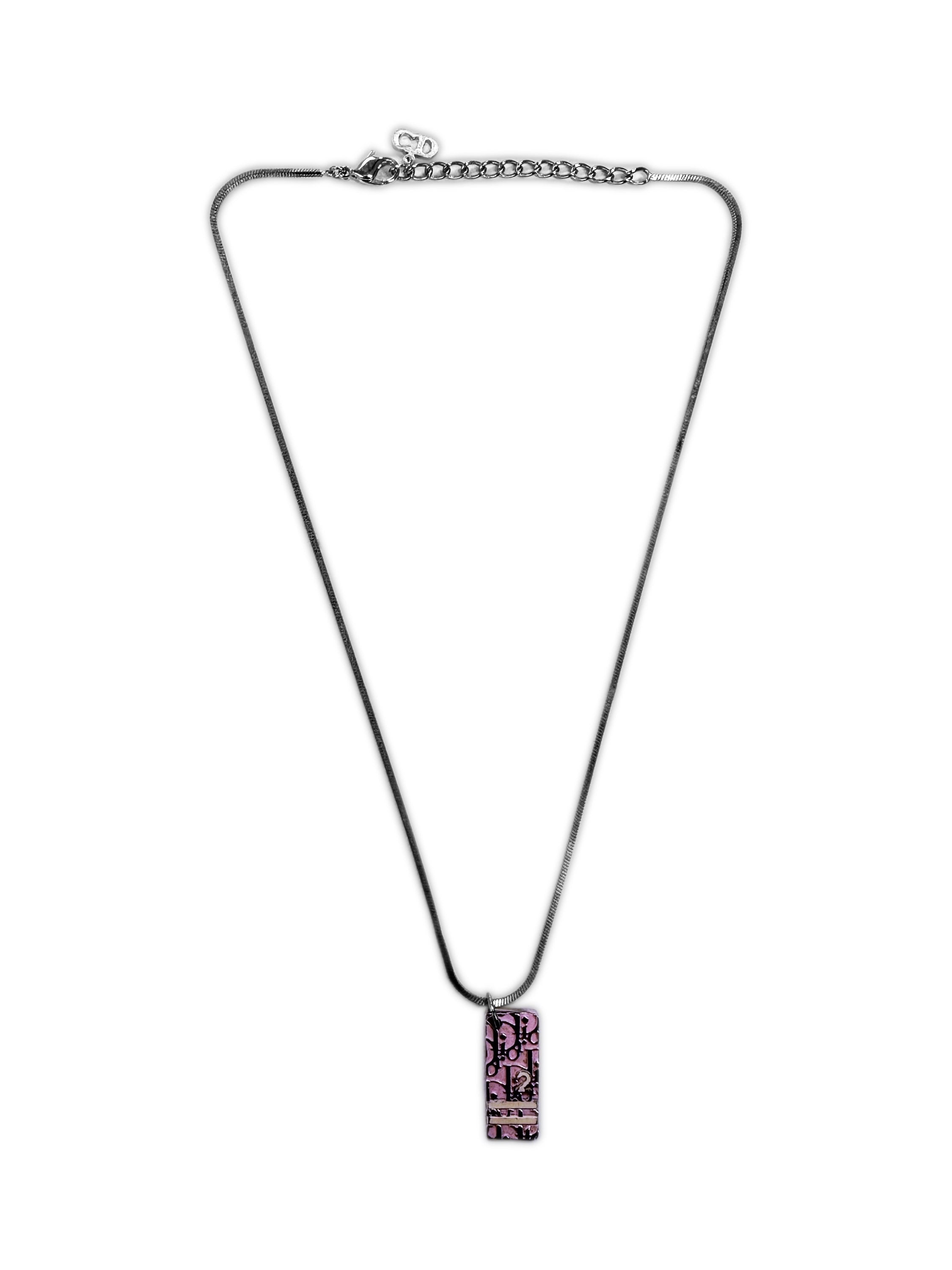 00s Dior ‘2’ Pink Trotter Monogram Silver Necklace