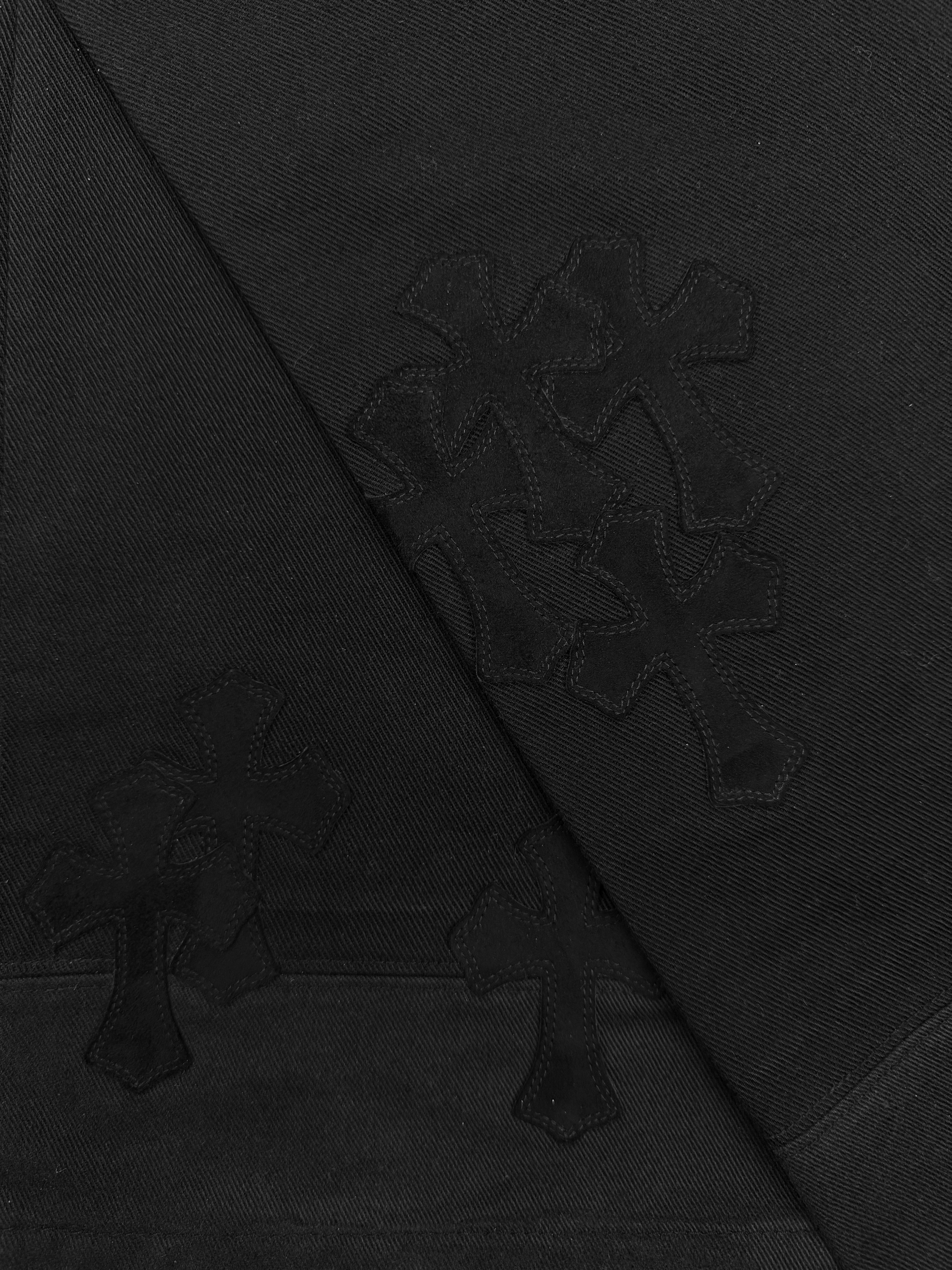 Chrome Hearts XL 46 Silver Cross Patch Fleur Knee Suede Black Denim