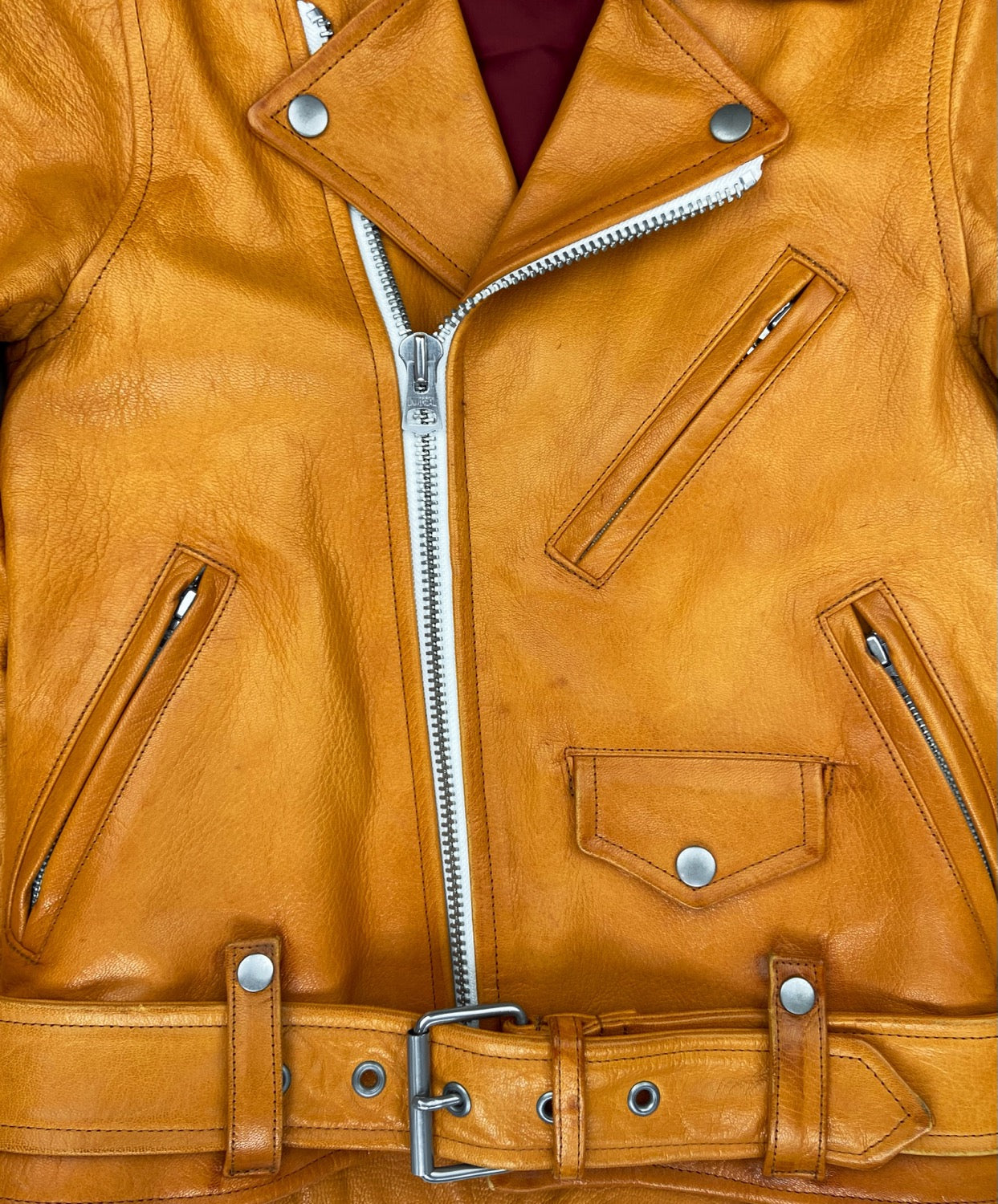 Blackmeans  Leather Asymmetric Belted Patina Biker Jacket
