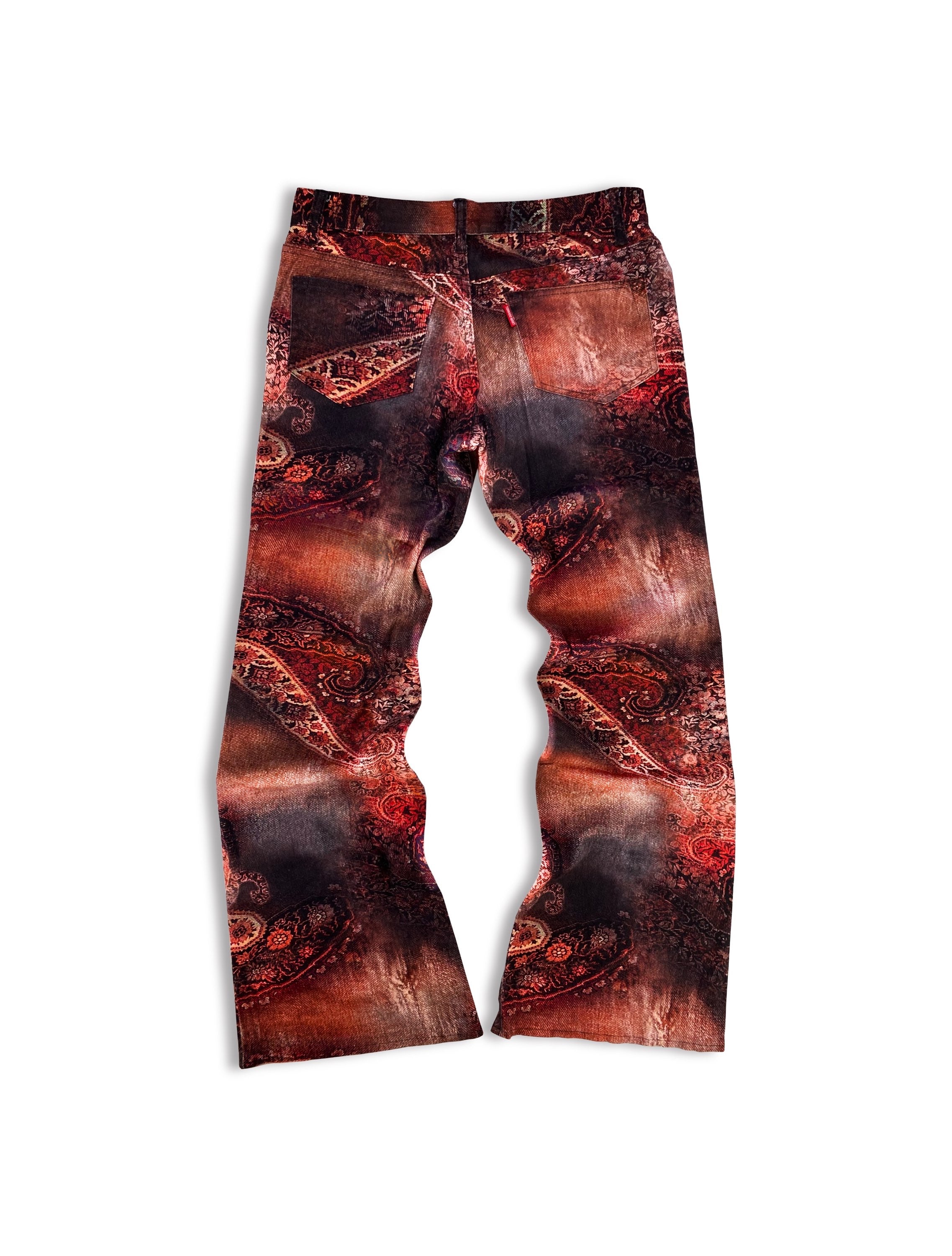00s Tornado Mart ‘Paisley’ Print Blood Red Flared Denim