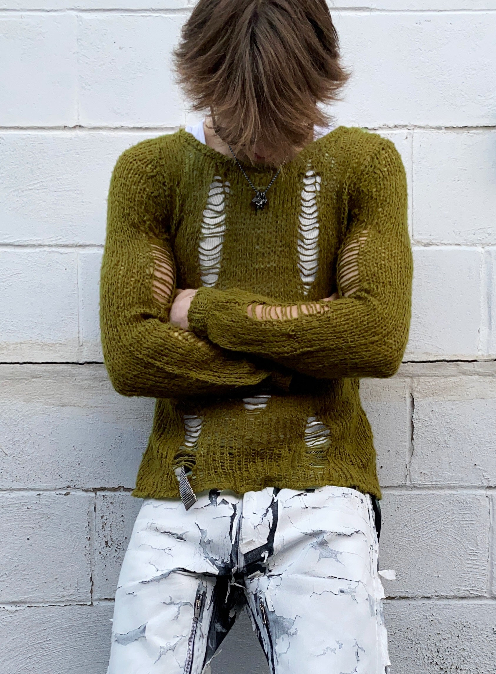 AW18 Comme des Garçons Loose Gauge Olive Distressed Wool Knit Sweater