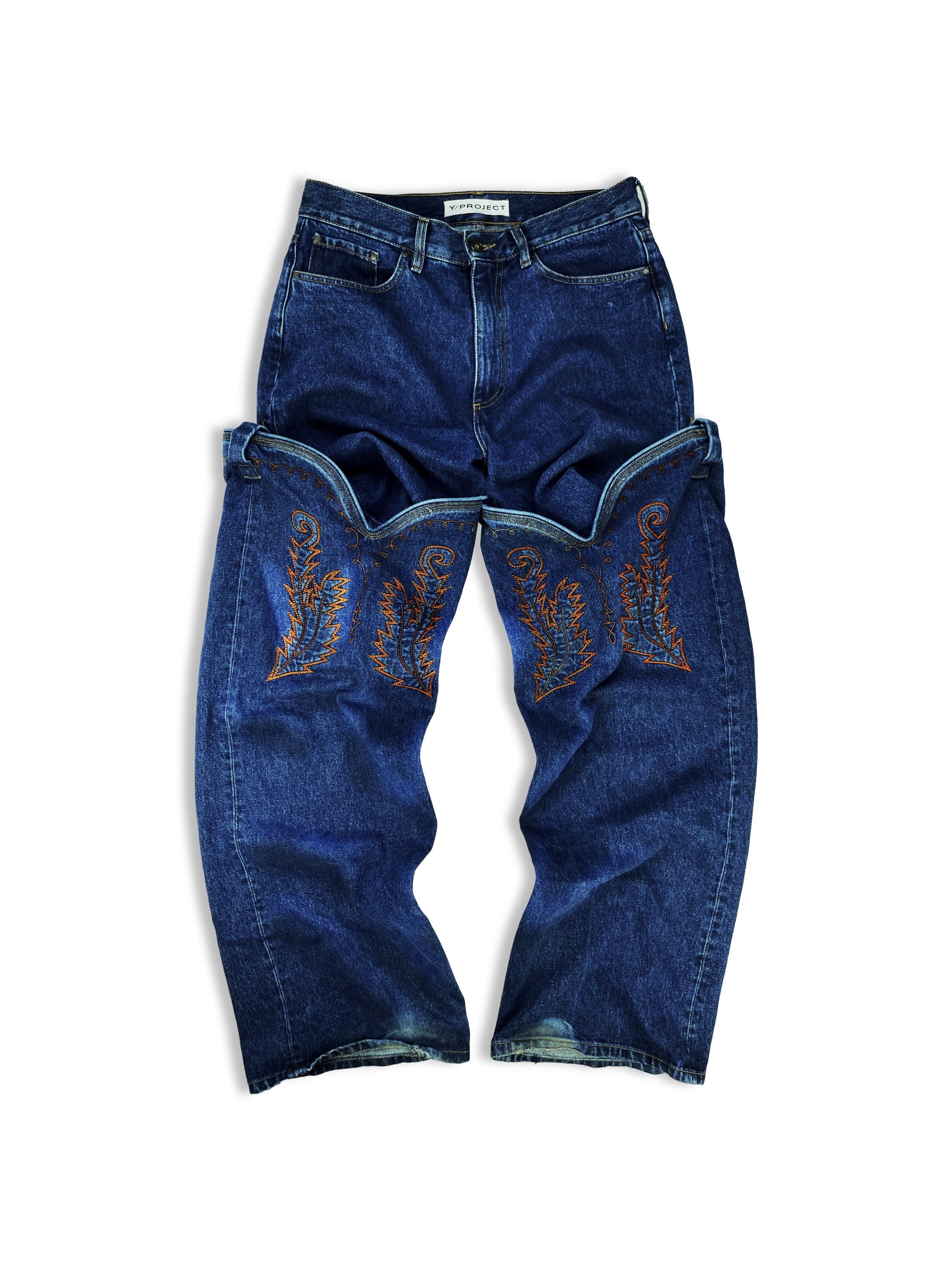AW21 Y/Project Cowboy Cuff Indigo Wash Bootcut Denim Jeans