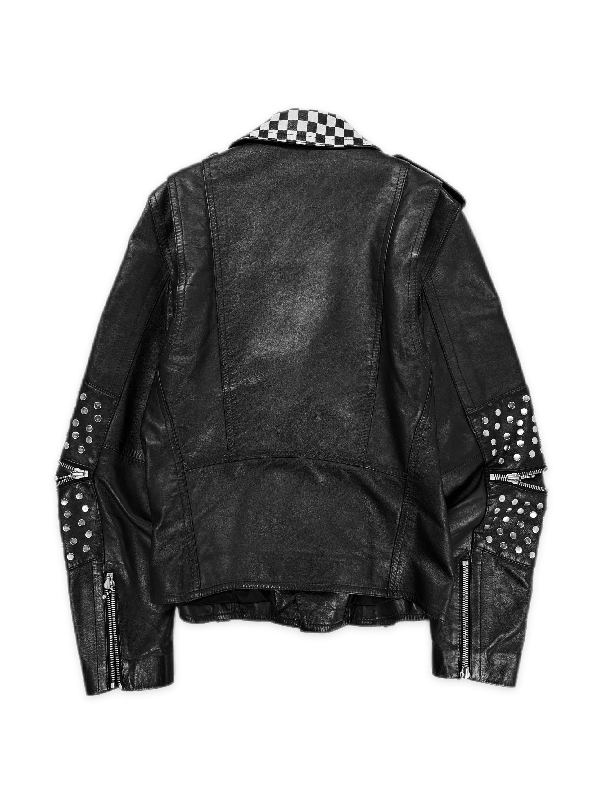AW19 Celine by Hedi Slimane Checkered Studded Elbow Zip Leather Perfecto Jacket
