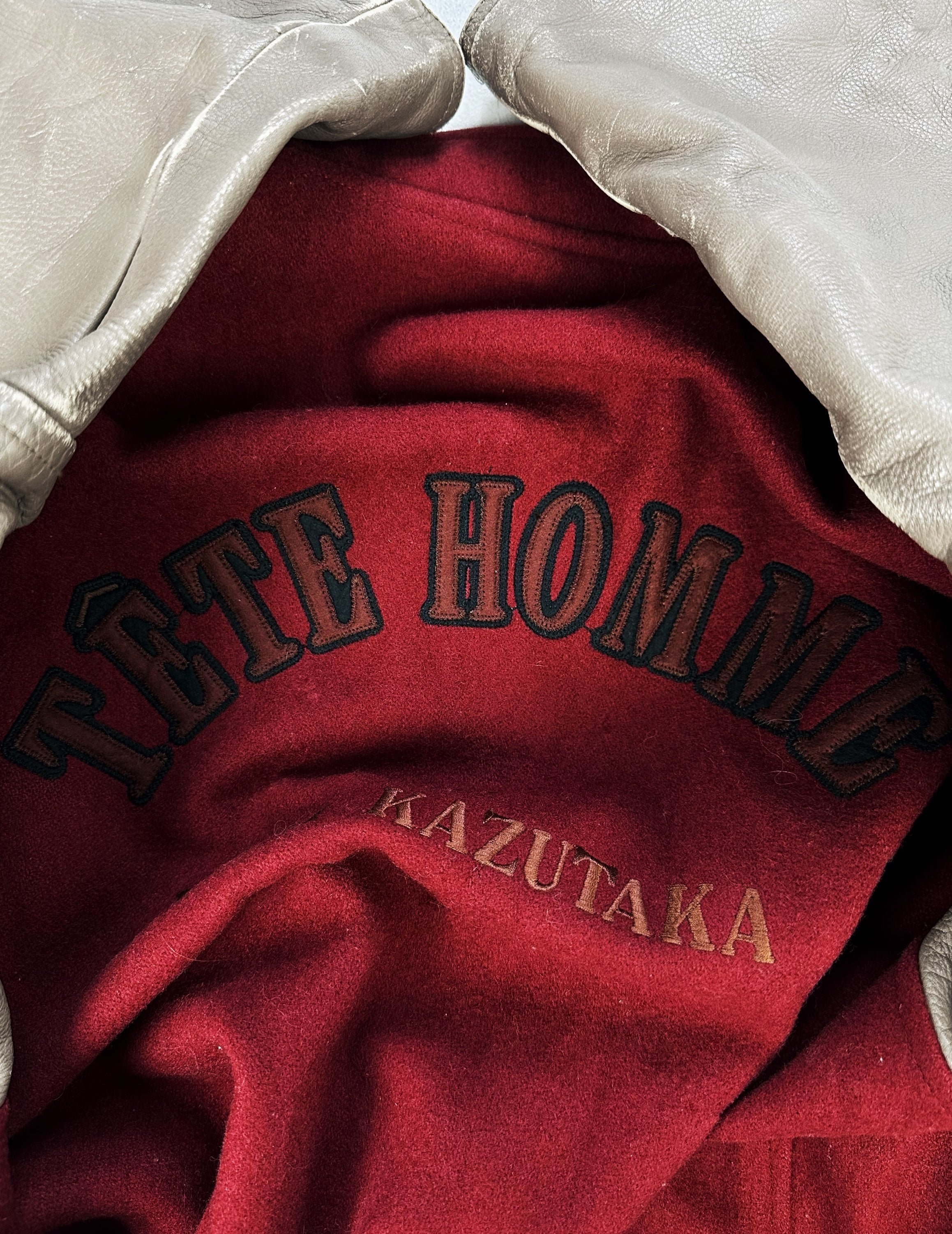 00s Tete Homme Cherry Red Patched Leather Varsity Jacket