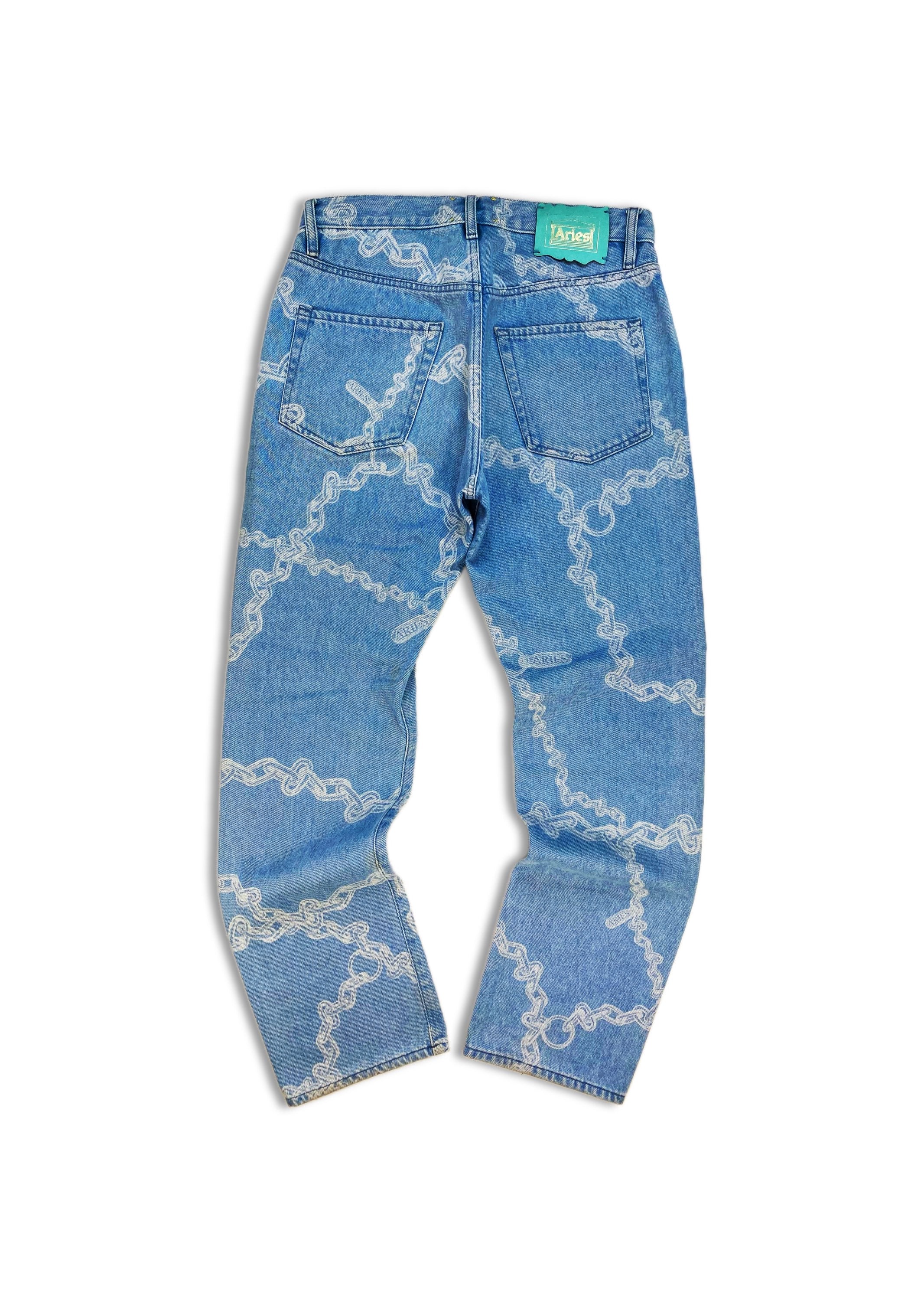 AW19 Aries ‘Chainlink’ Full Print Light Wash Denim Jeans