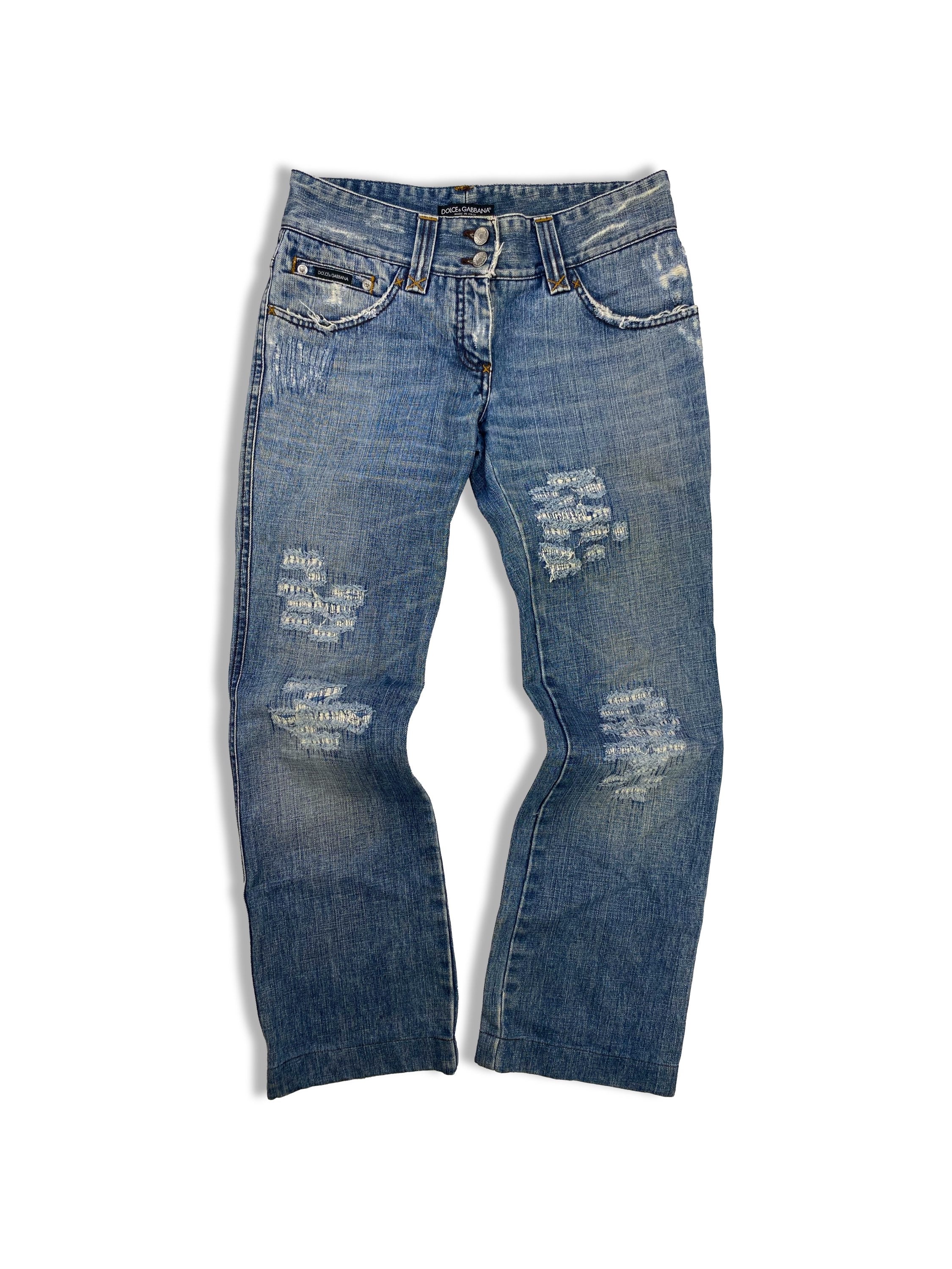 Dolce &amp; Gabbana Distressed Sashiko Stitch Light Wash Denim