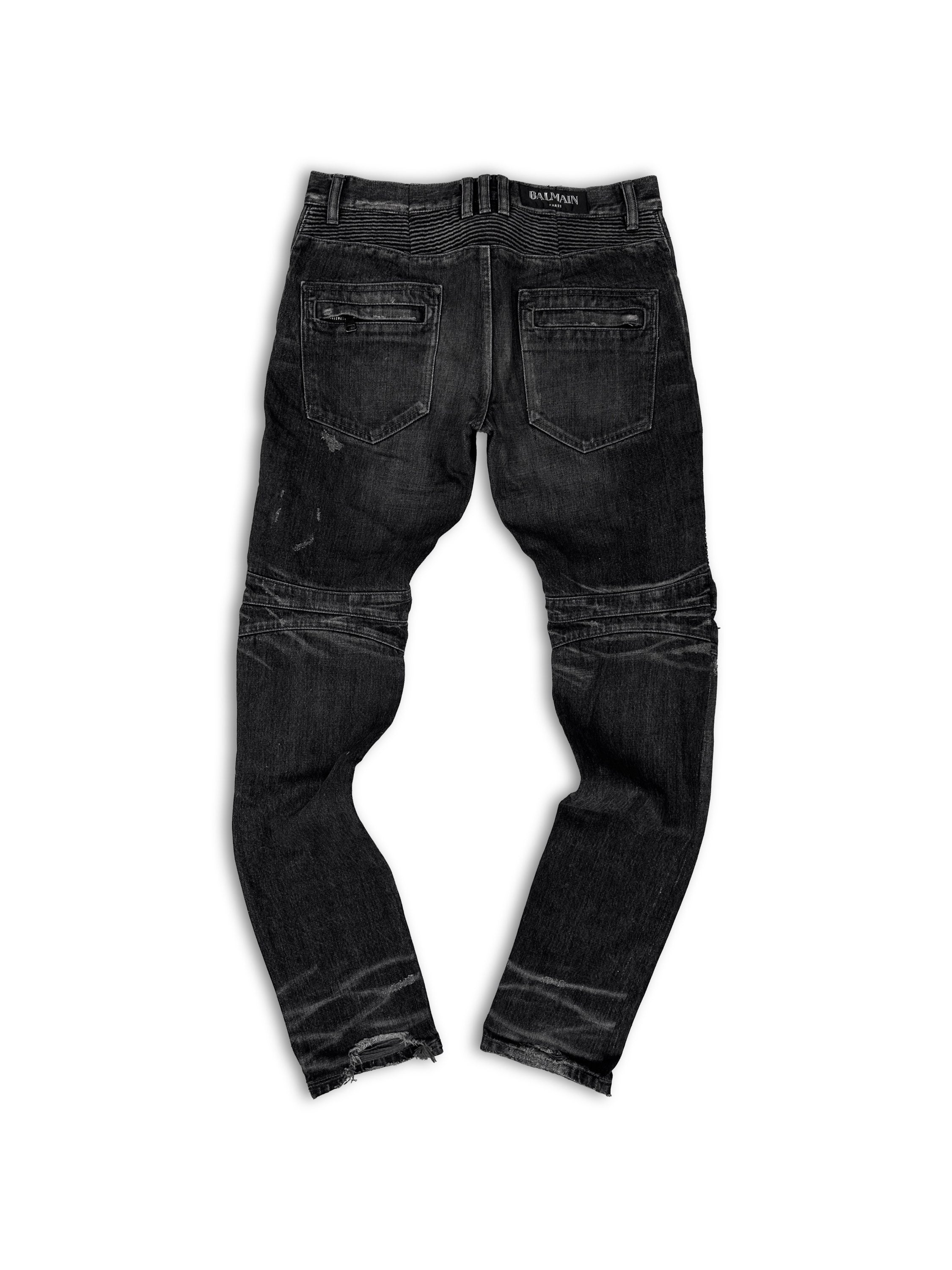 Balmain ‘Gun Holster’ Ribbed Ash Wash Multi-Zip Biker Denim