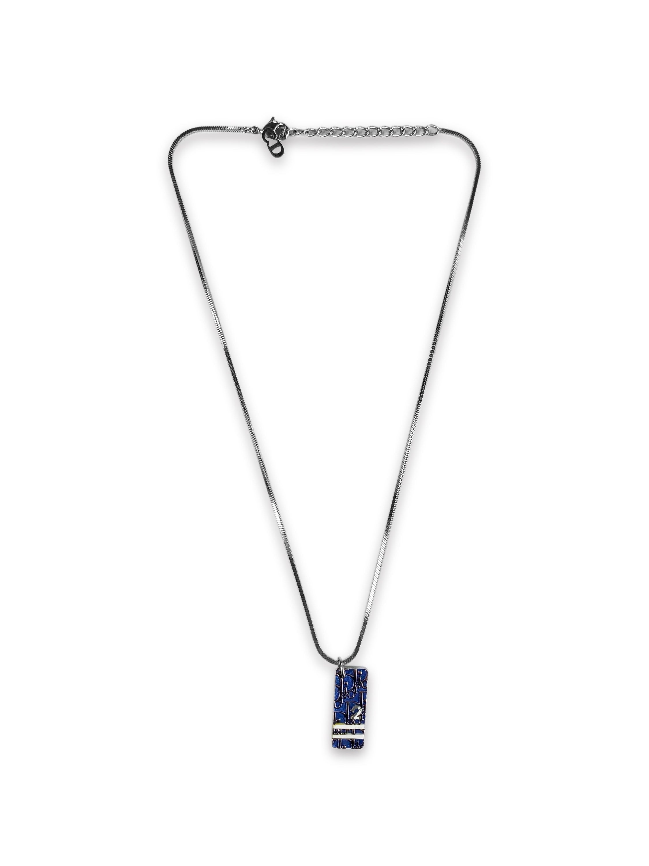 00s Dior Blue Trotter Monogram Silver Necklace
