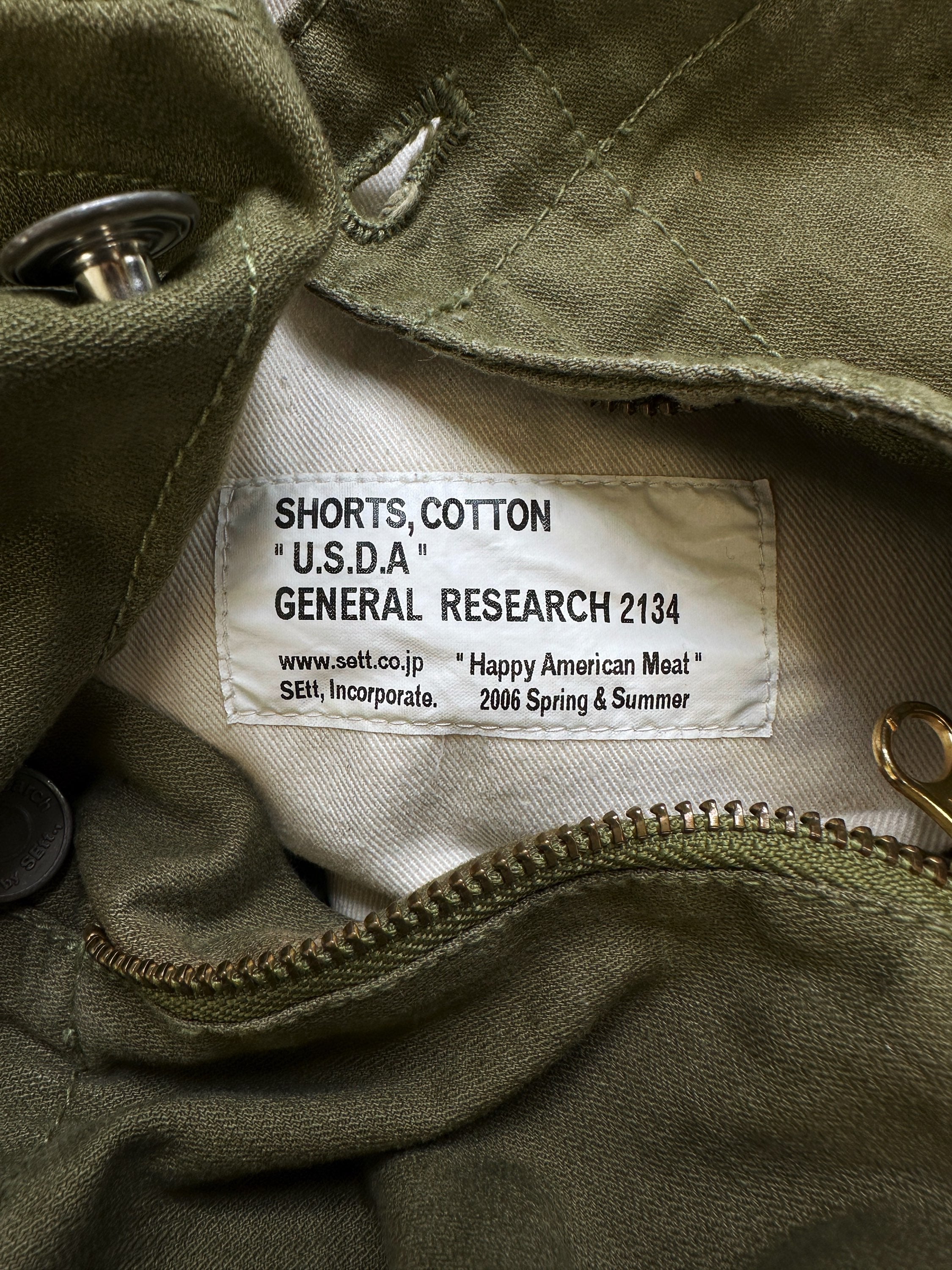 SS06 General Research Button Flap Olive Green Denim Shorts