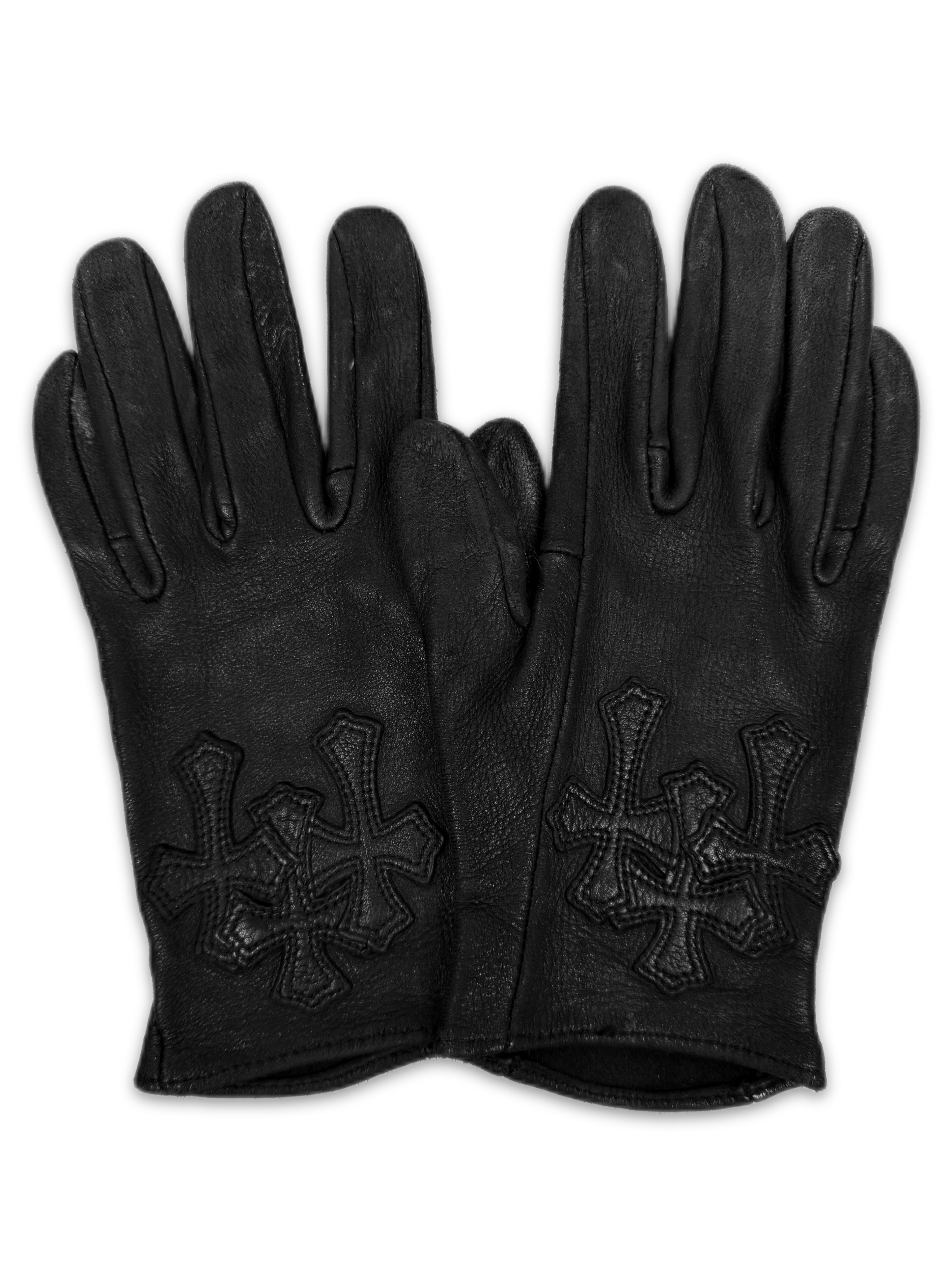 Chrome Hearts Triple Cross Patch Black Leather Driving Gloves