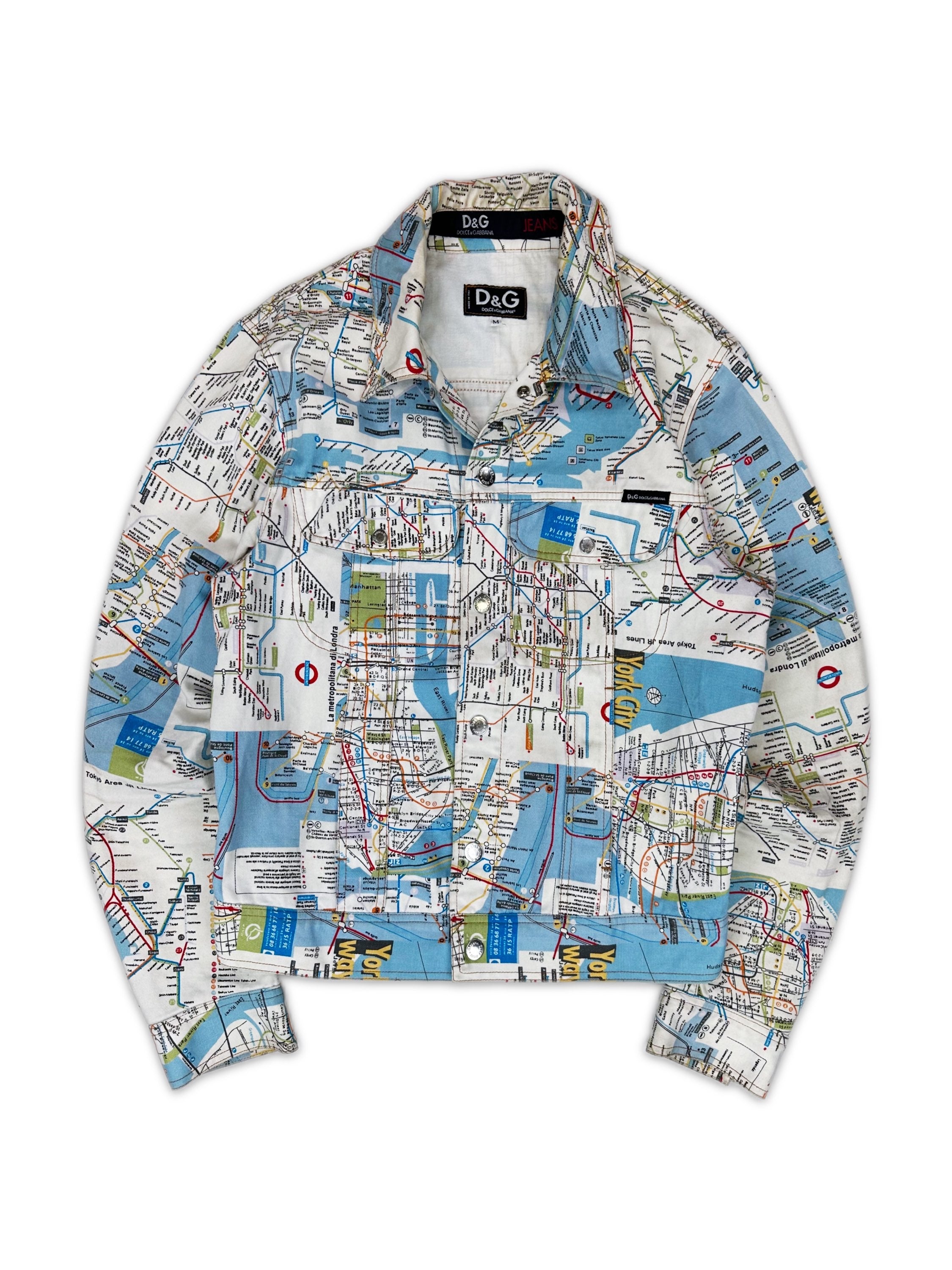 00s Dolce &amp; Gabbana ‘Map’ Full Print Denim Trucker Jacket