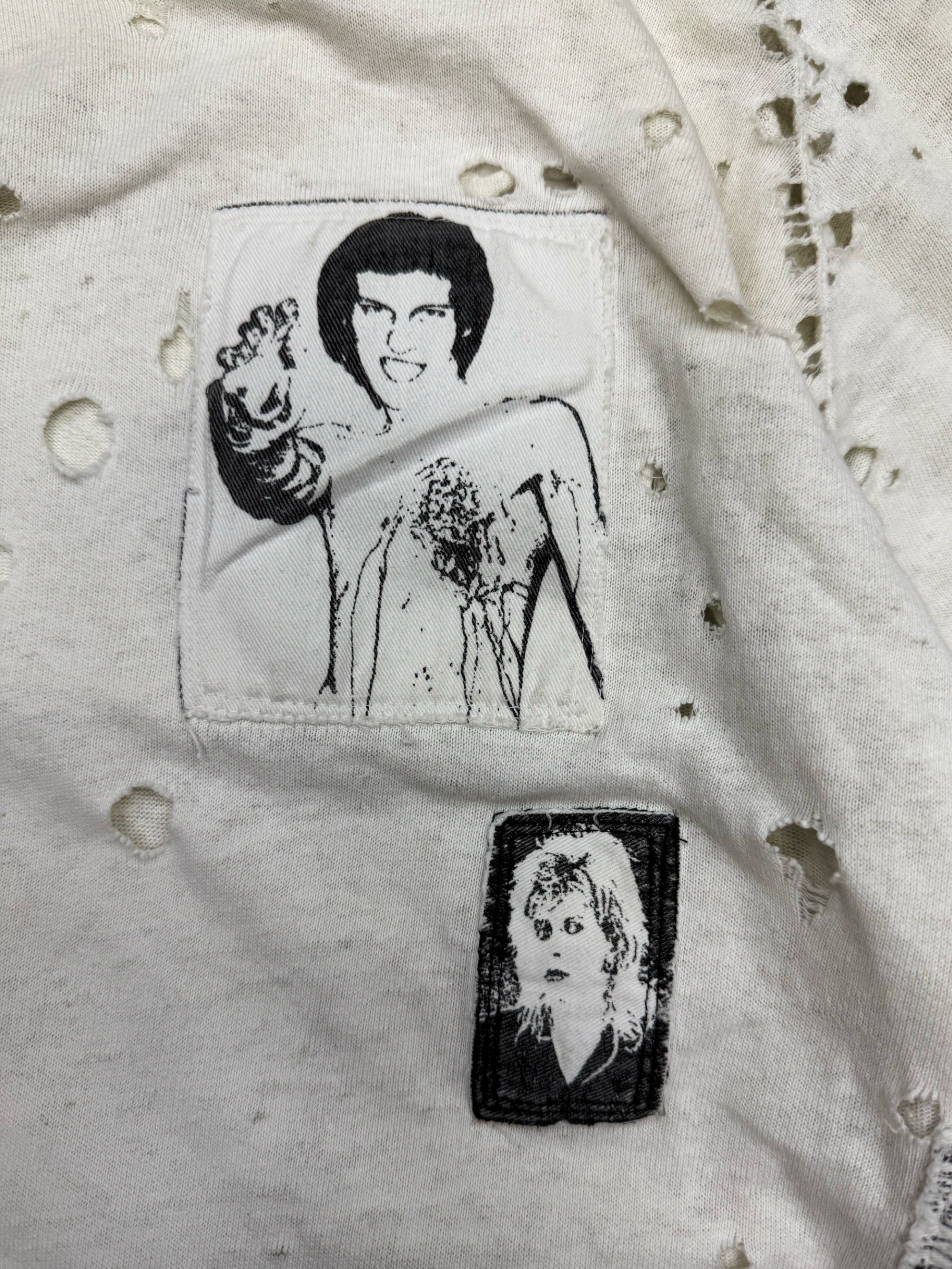 AW01 Raf Simons ‘Riot Riot Riot’ White Distressed Patchwork Crewneck
