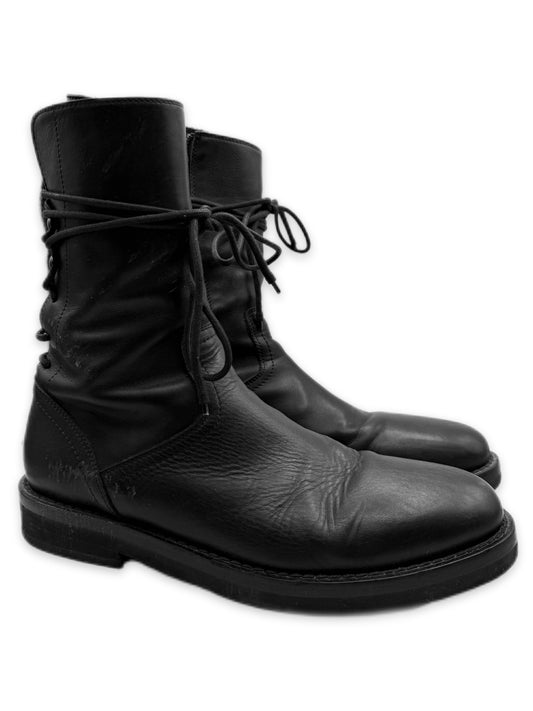 Ann Demeulemeester Back Lace Vitello Black Leather Side Zip Combat Boots