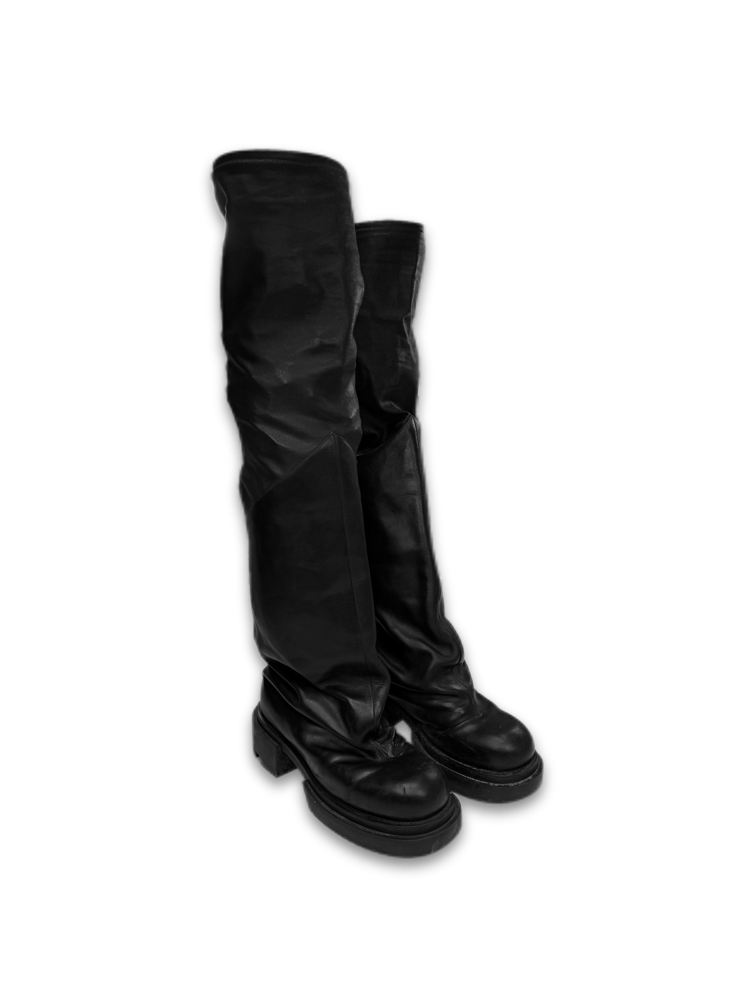 AW23 Rick Owens ‘Bogun’ Thigh High Black Leather Boots