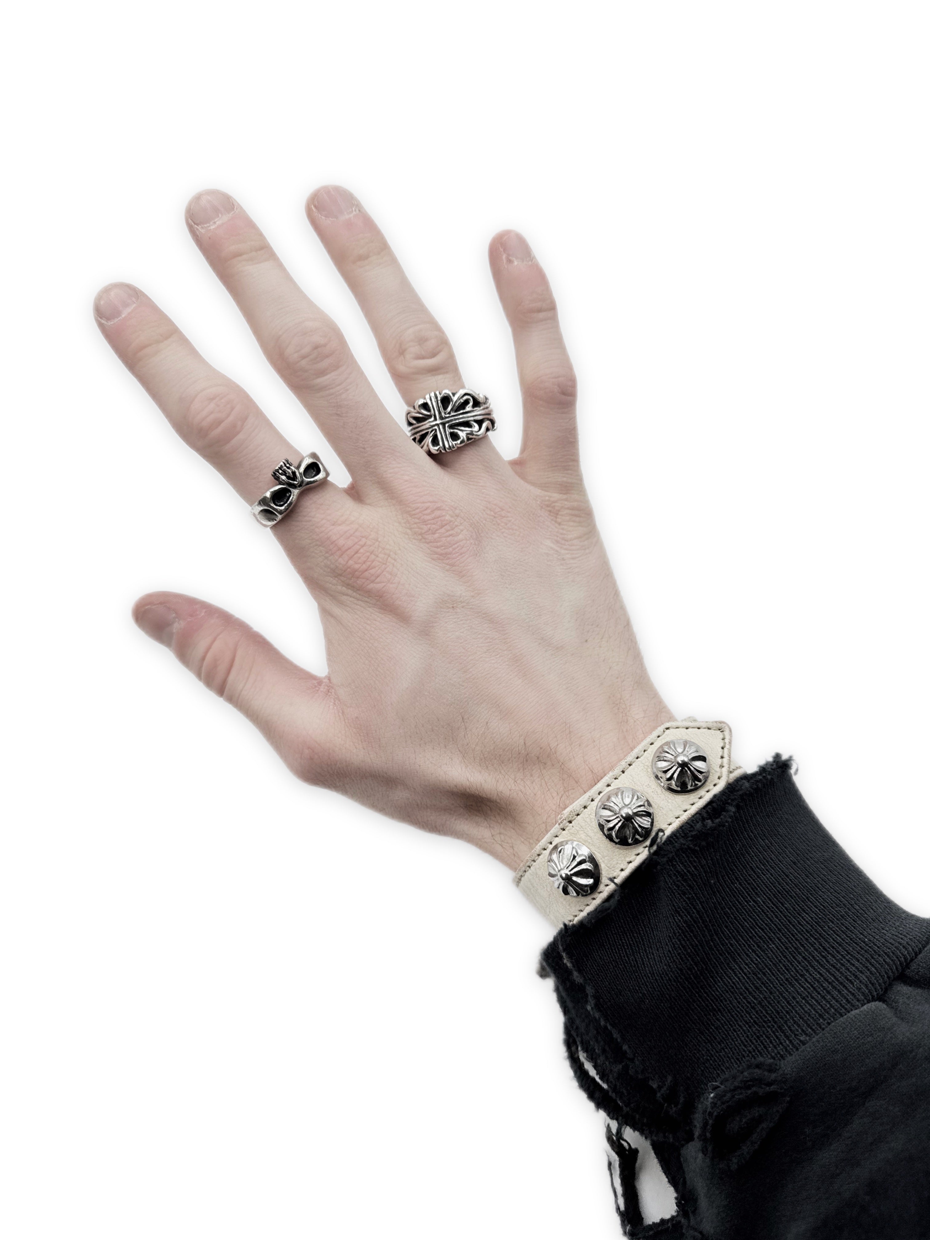 Chrome Hearts Rhodium Plus White Leather Snap Bracelet